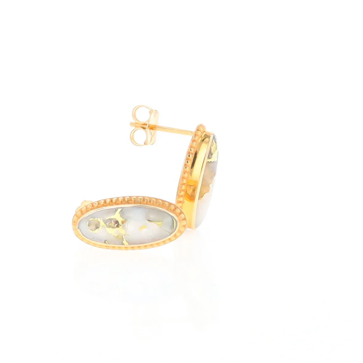 Gold Quartz Earrings Oval Inlaid Milgrain Design