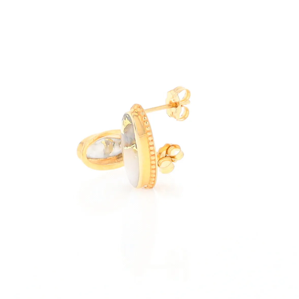 Gold Quartz Earrings Oval Inlaid Milgrain Design