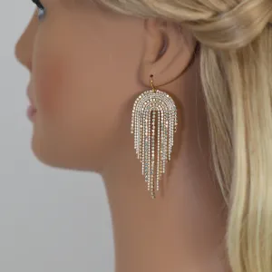 Gold Swarovski AB Crystal Ear wire Chandelier Diamond earrings, Long Tassel Bridal Jewelry Bridal Earrings Crystal Bridal Statement earrings