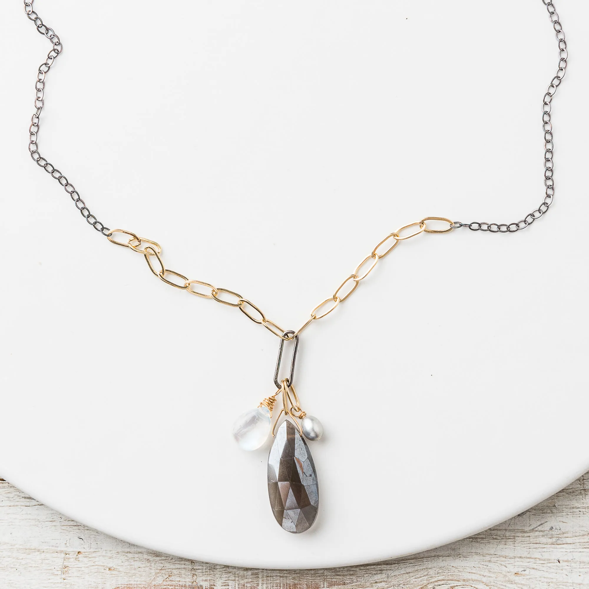 Gray Moonstone Pear Cluster Necklace on Mixed Metal Chain