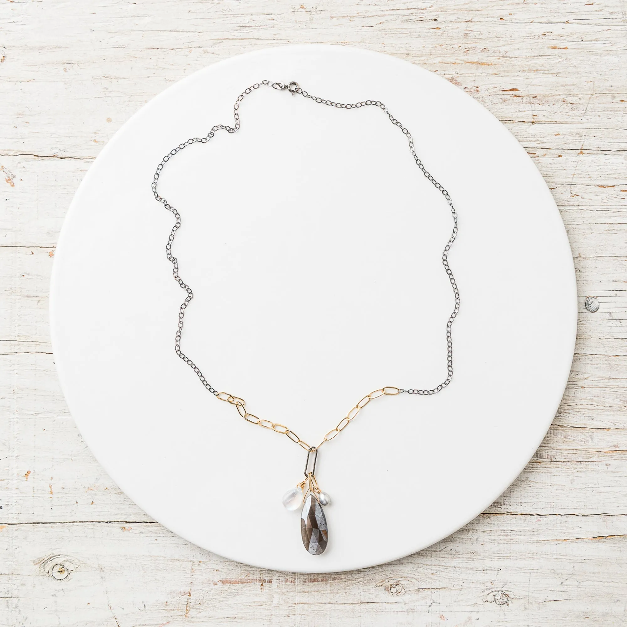 Gray Moonstone Pear Cluster Necklace on Mixed Metal Chain