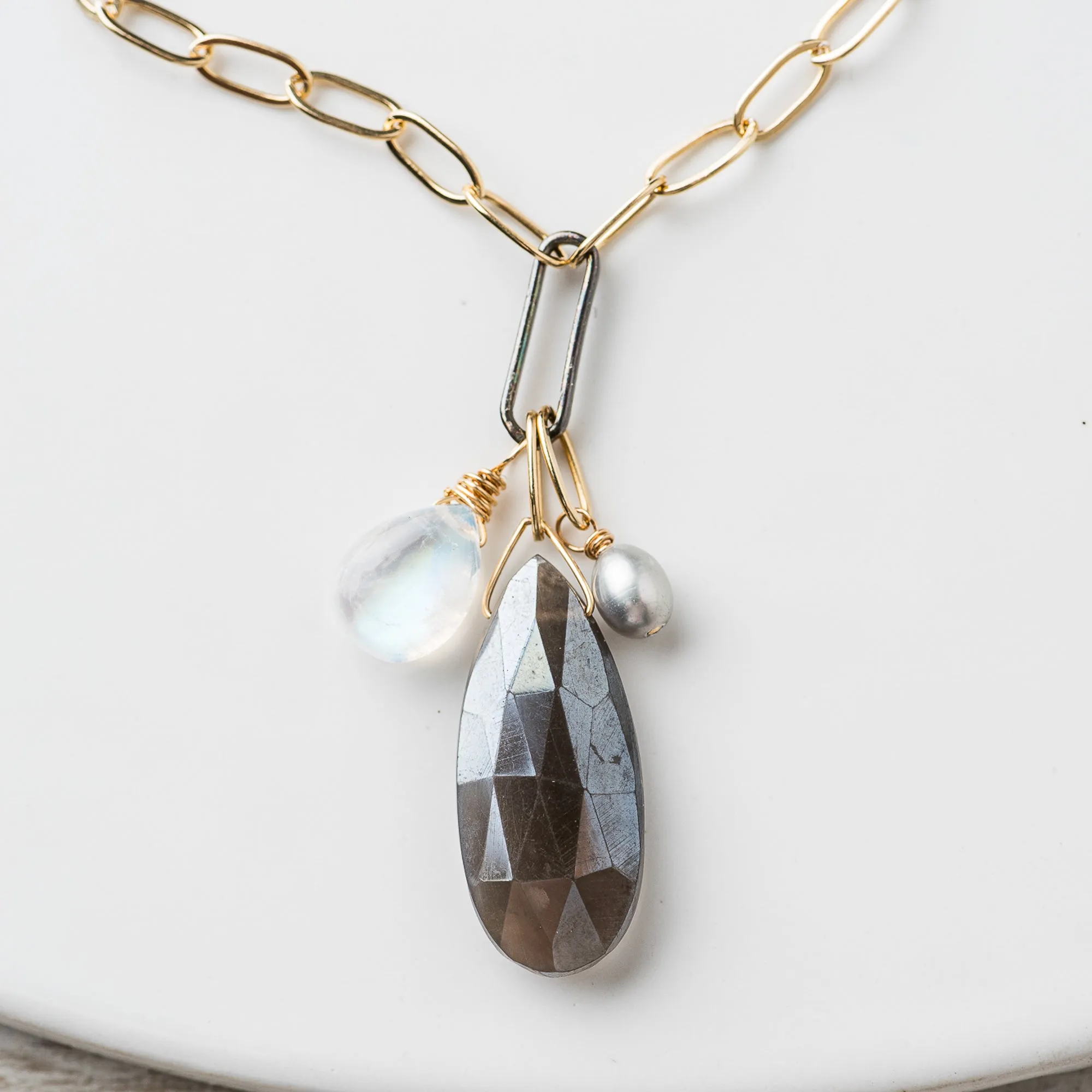 Gray Moonstone Pear Cluster Necklace on Mixed Metal Chain