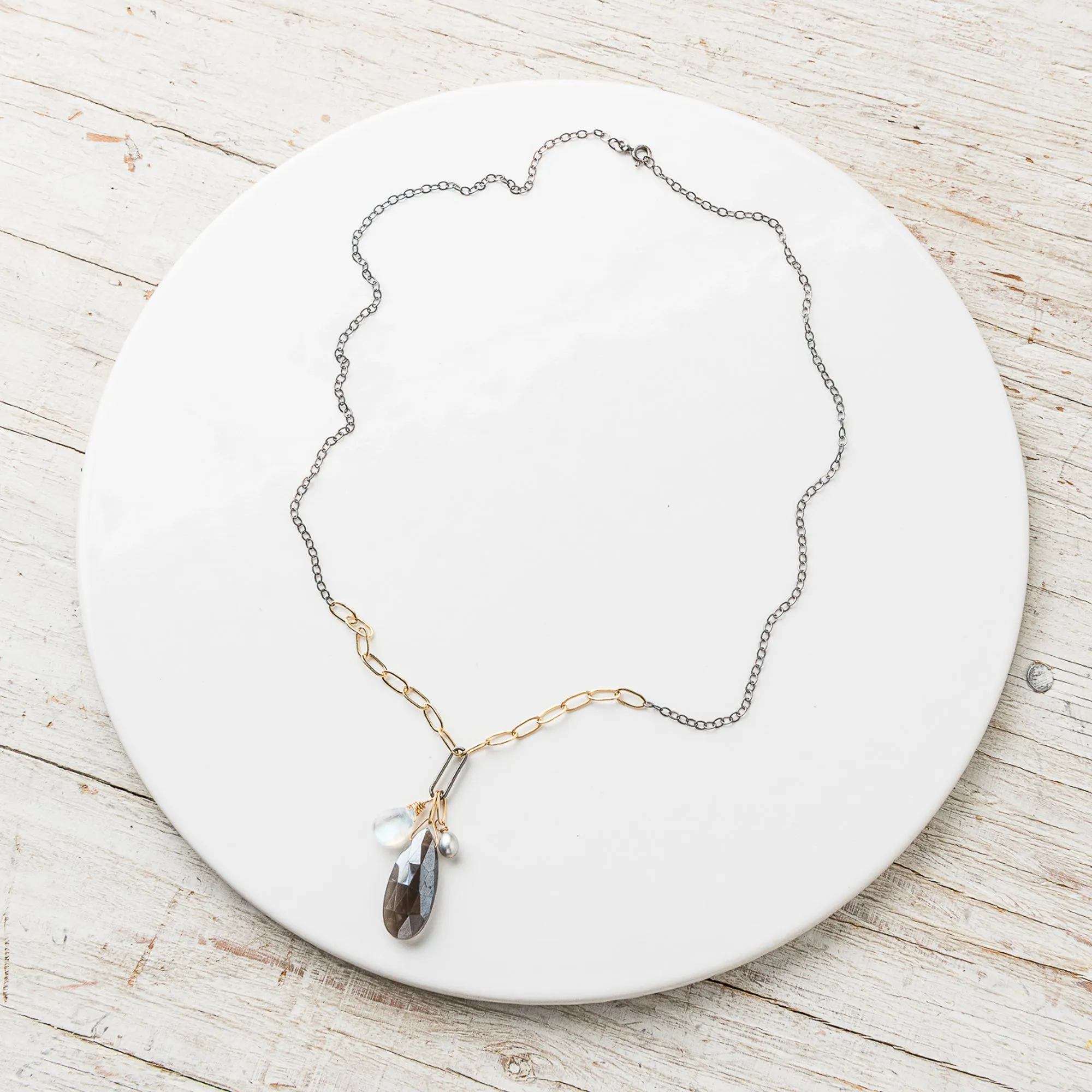 Gray Moonstone Pear Cluster Necklace on Mixed Metal Chain