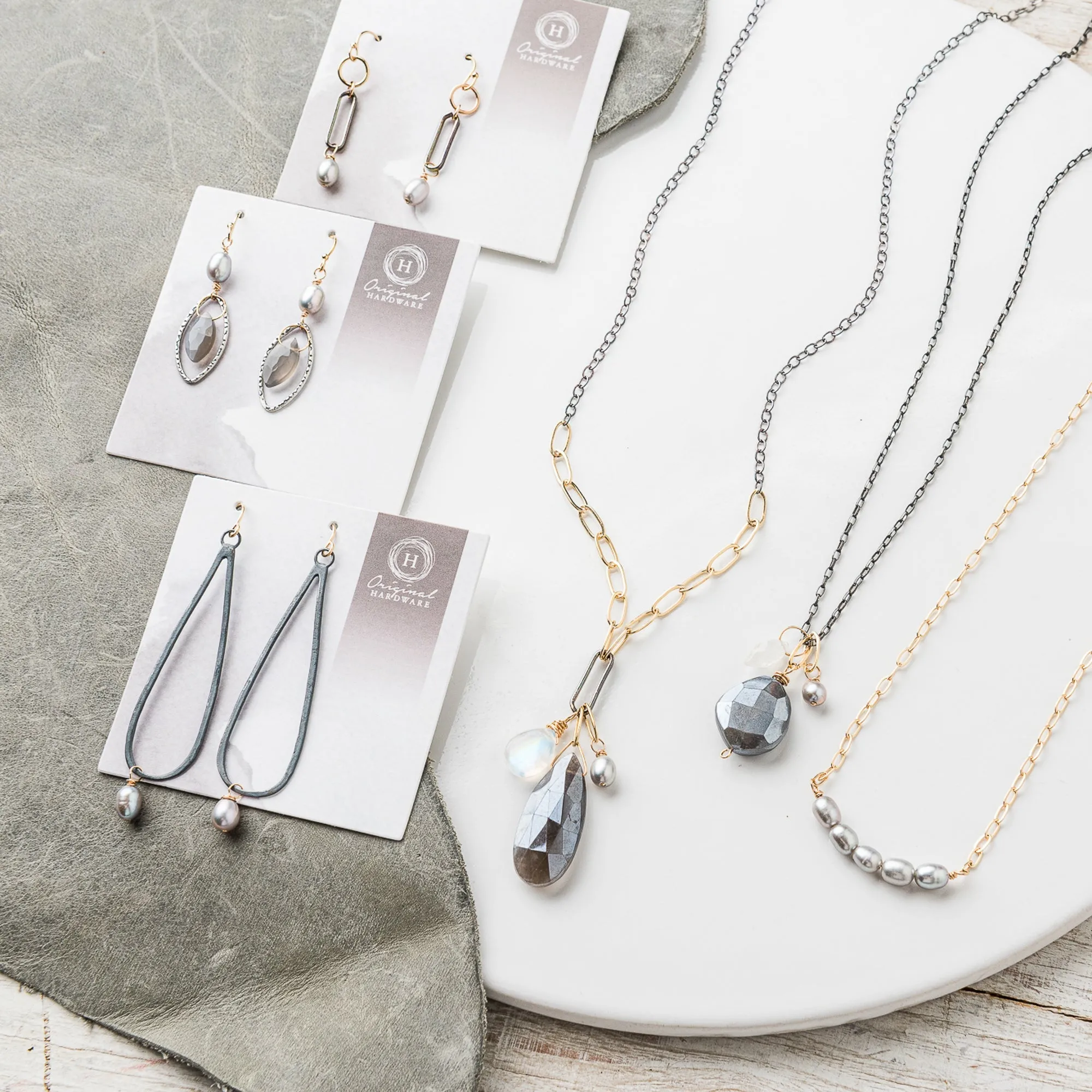 Gray Moonstone Pear Cluster Necklace on Mixed Metal Chain