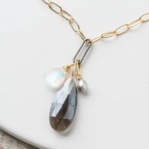 Gray Moonstone Pear Cluster Necklace on Mixed Metal Chain