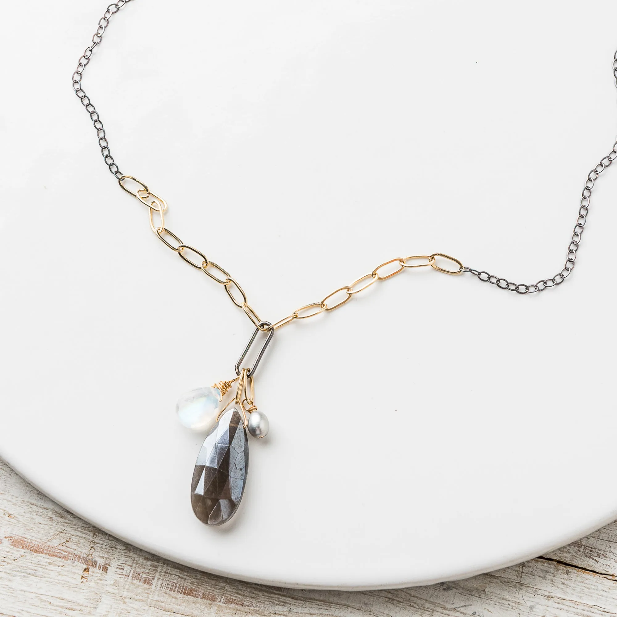 Gray Moonstone Pear Cluster Necklace on Mixed Metal Chain