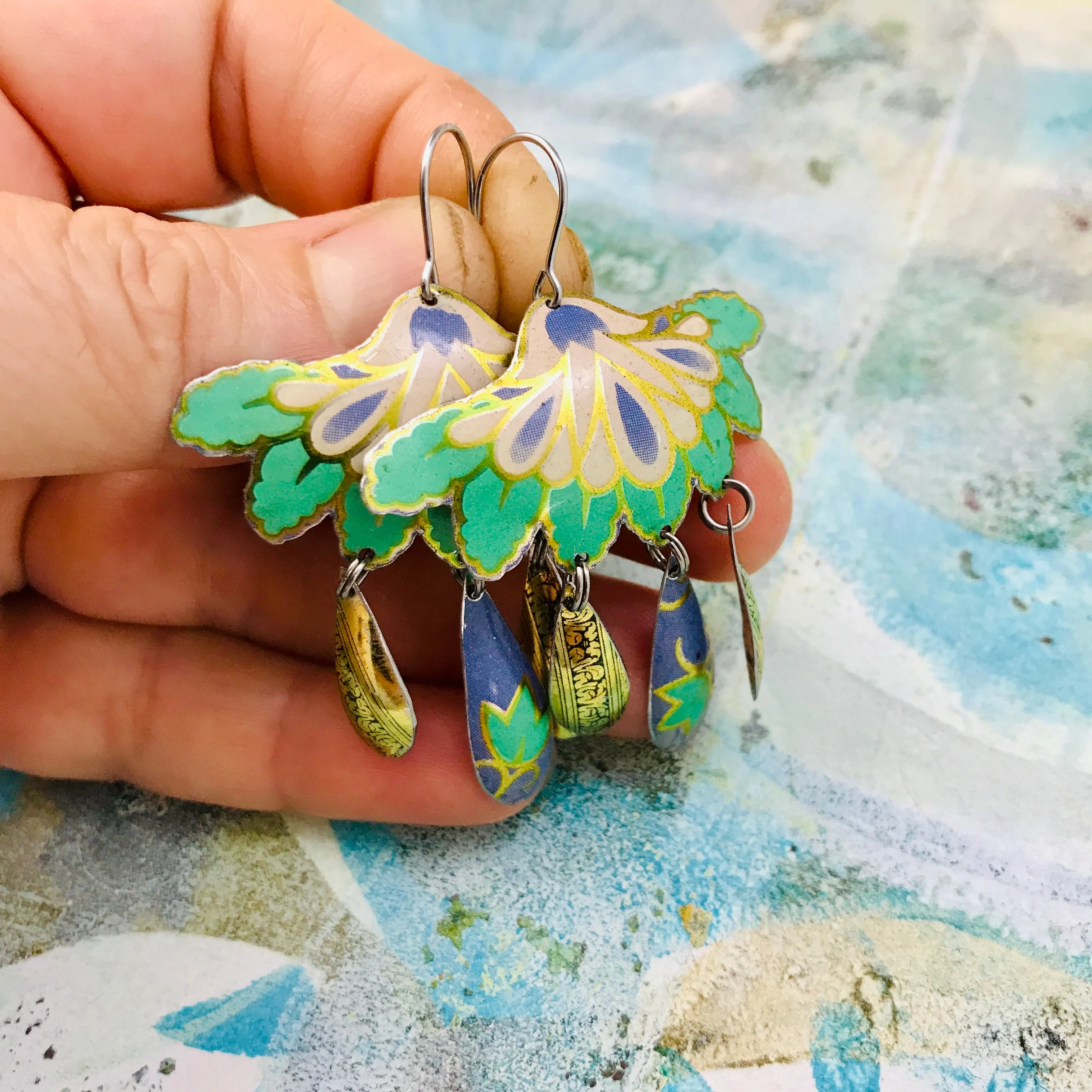 Green & Golds Botanical Tin Chandelier Earrings