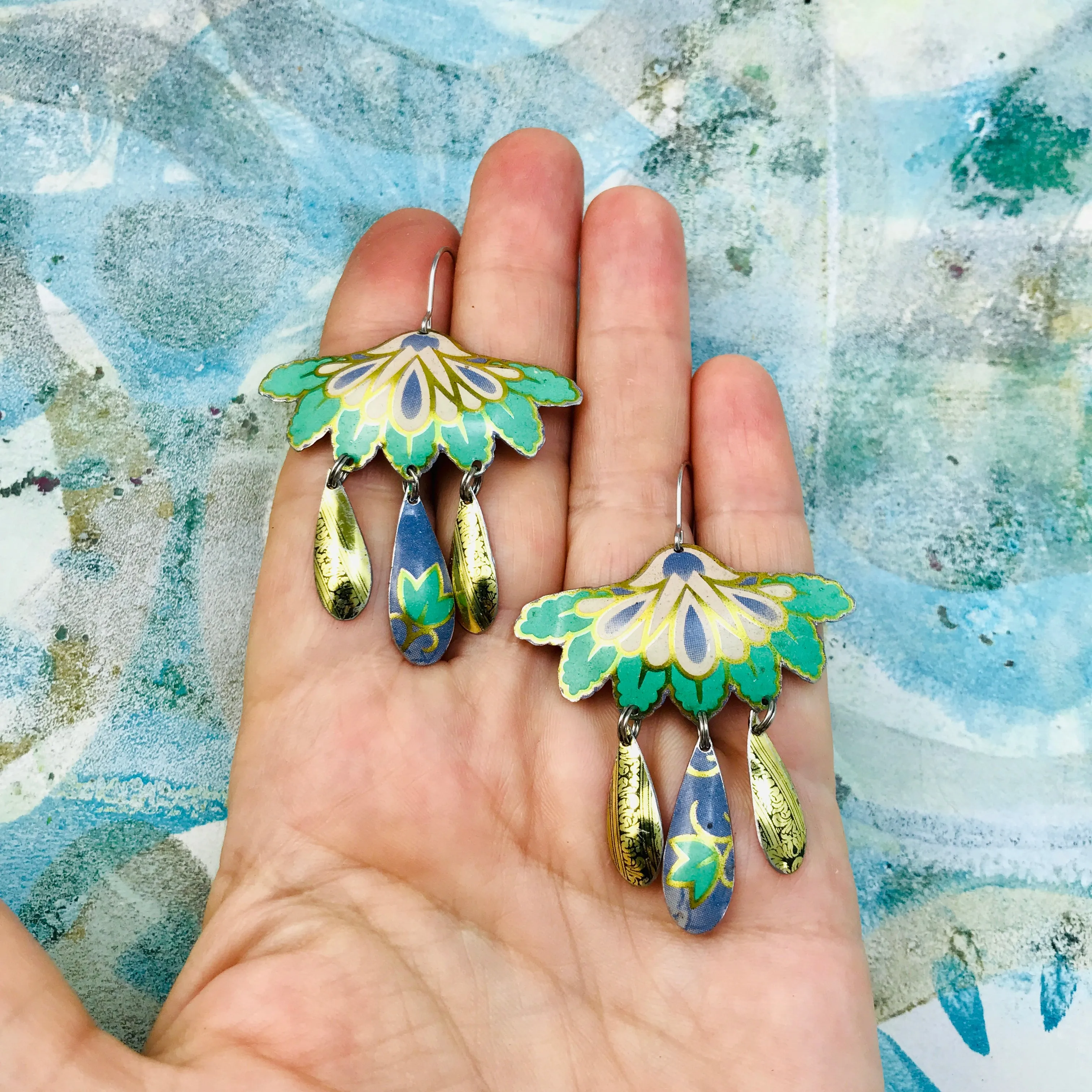 Green & Golds Botanical Tin Chandelier Earrings