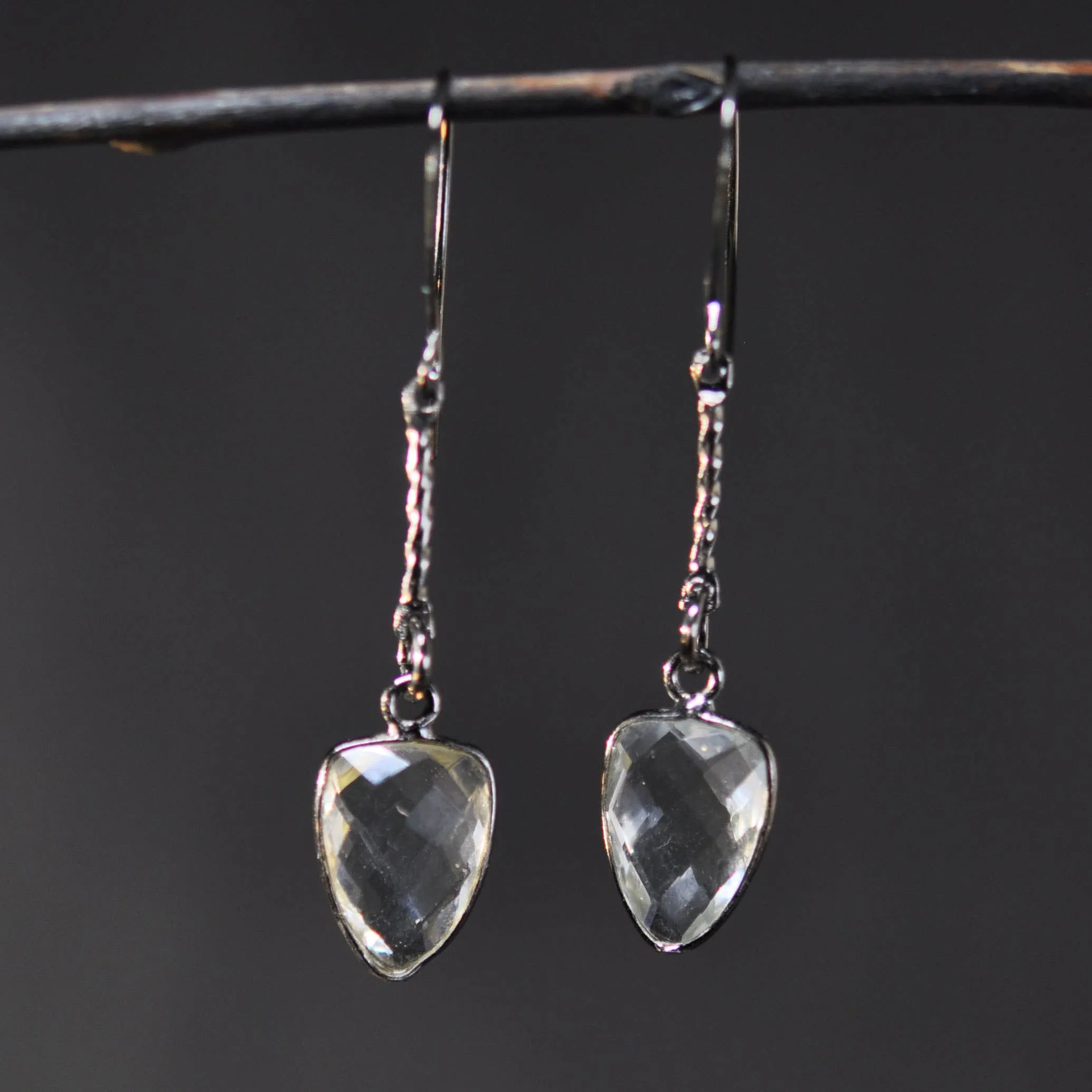 Gunmetal Small Bar Drop Earrings (Crystal)