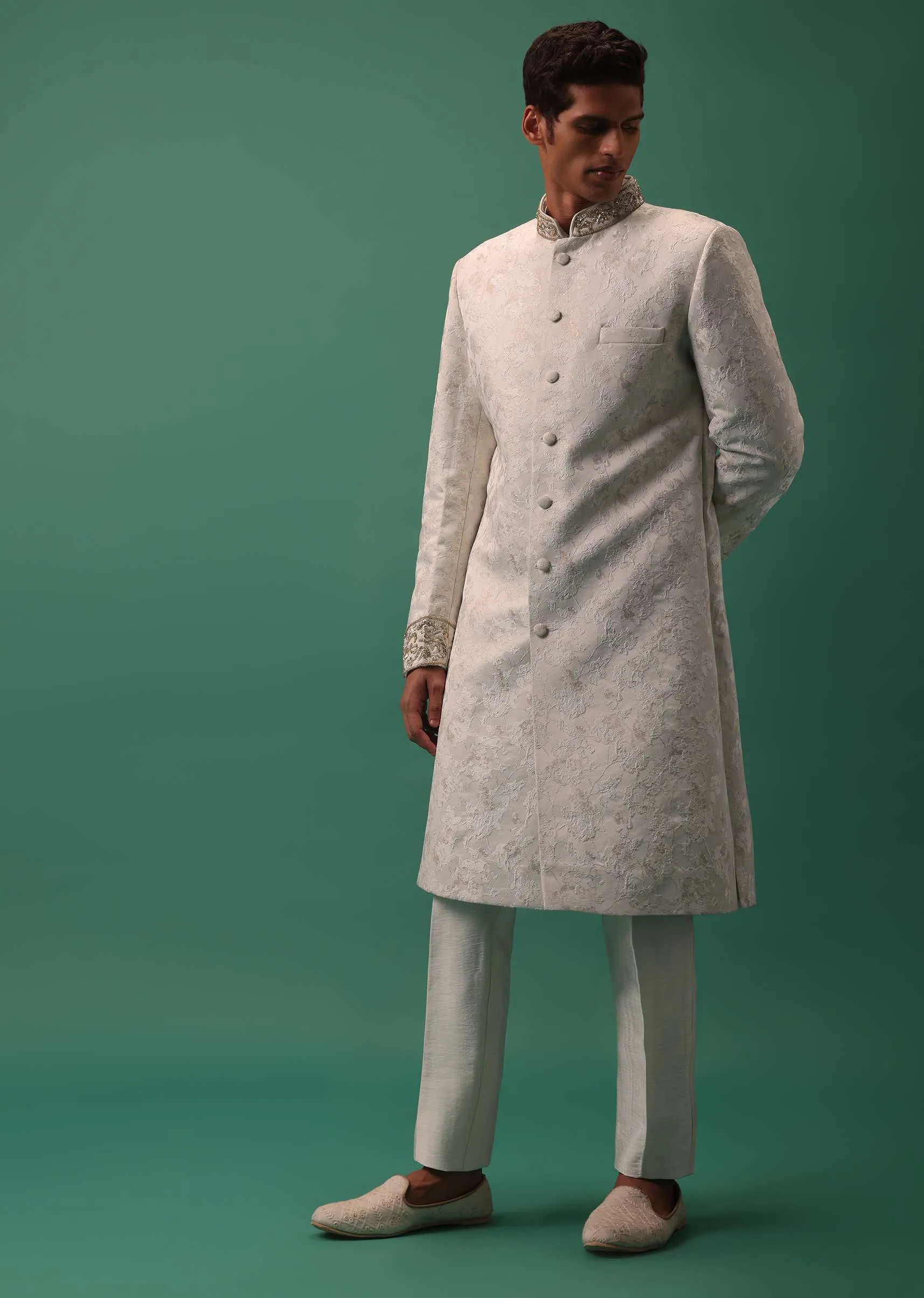 Ivory White Textured Sherwani Set With Fusing Pants