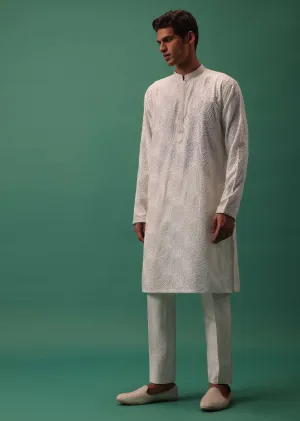 Ivory White Textured Sherwani Set With Fusing Pants