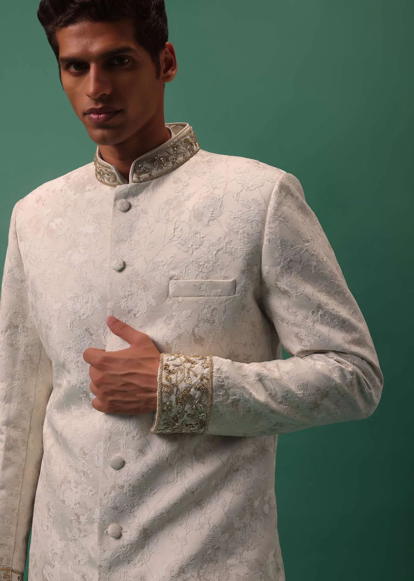 Ivory White Textured Sherwani Set With Fusing Pants