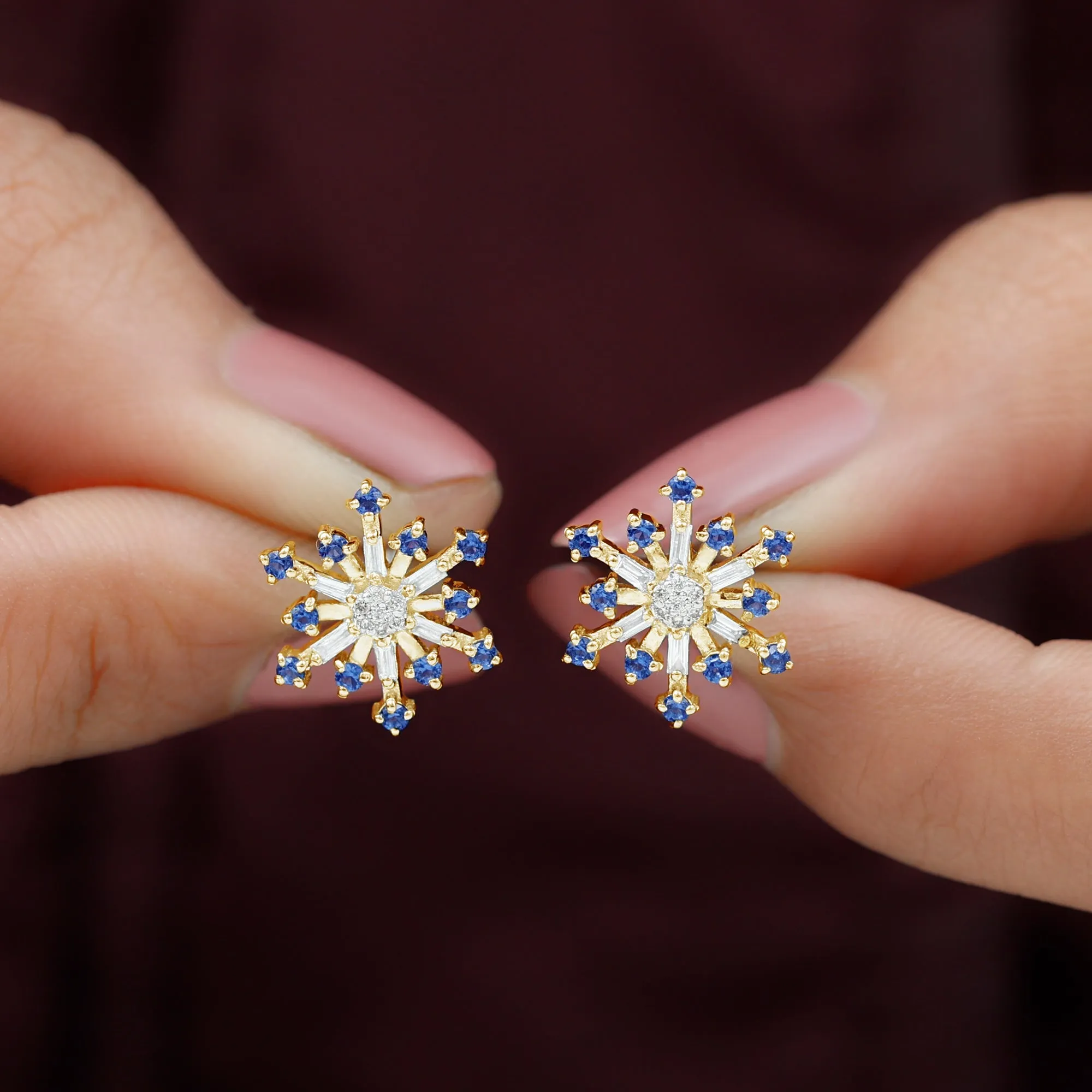 Lab Grown Blue Sapphire and Diamond Snowflake Stud Earrings
