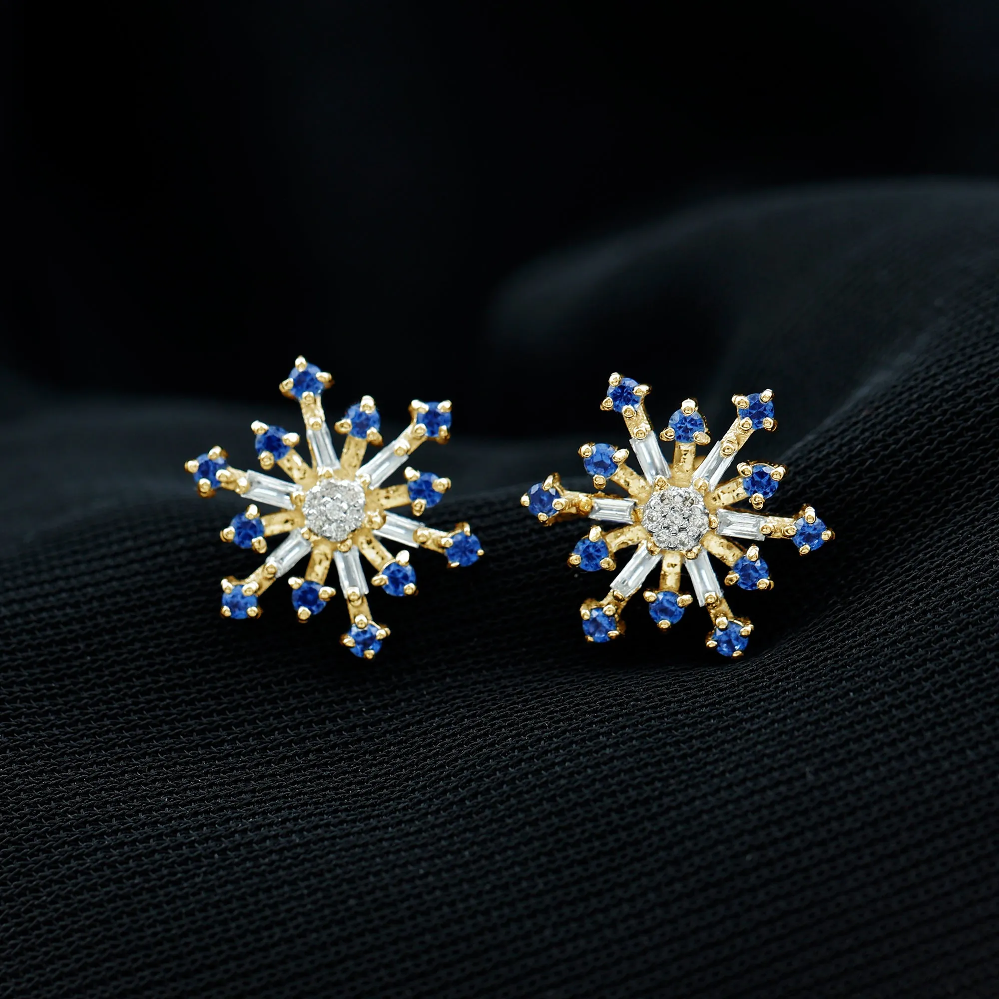 Lab Grown Blue Sapphire and Diamond Snowflake Stud Earrings