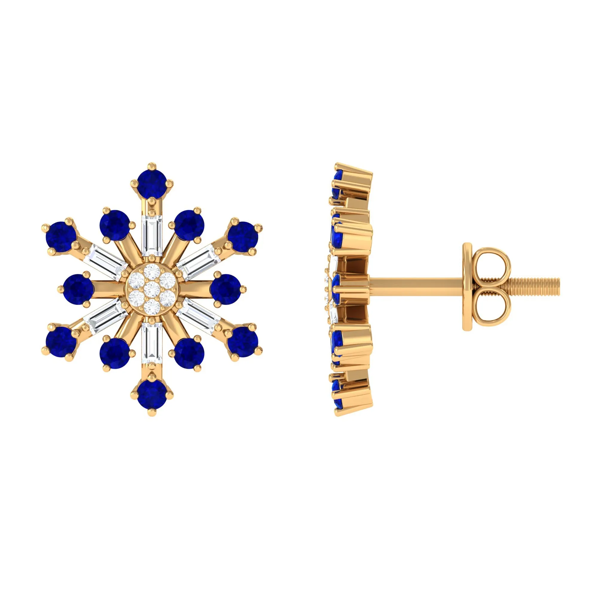 Lab Grown Blue Sapphire and Diamond Snowflake Stud Earrings