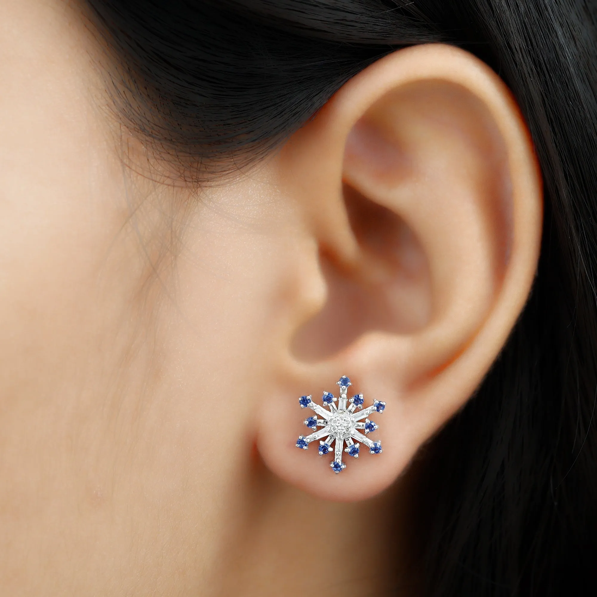 Lab Grown Blue Sapphire and Diamond Snowflake Stud Earrings