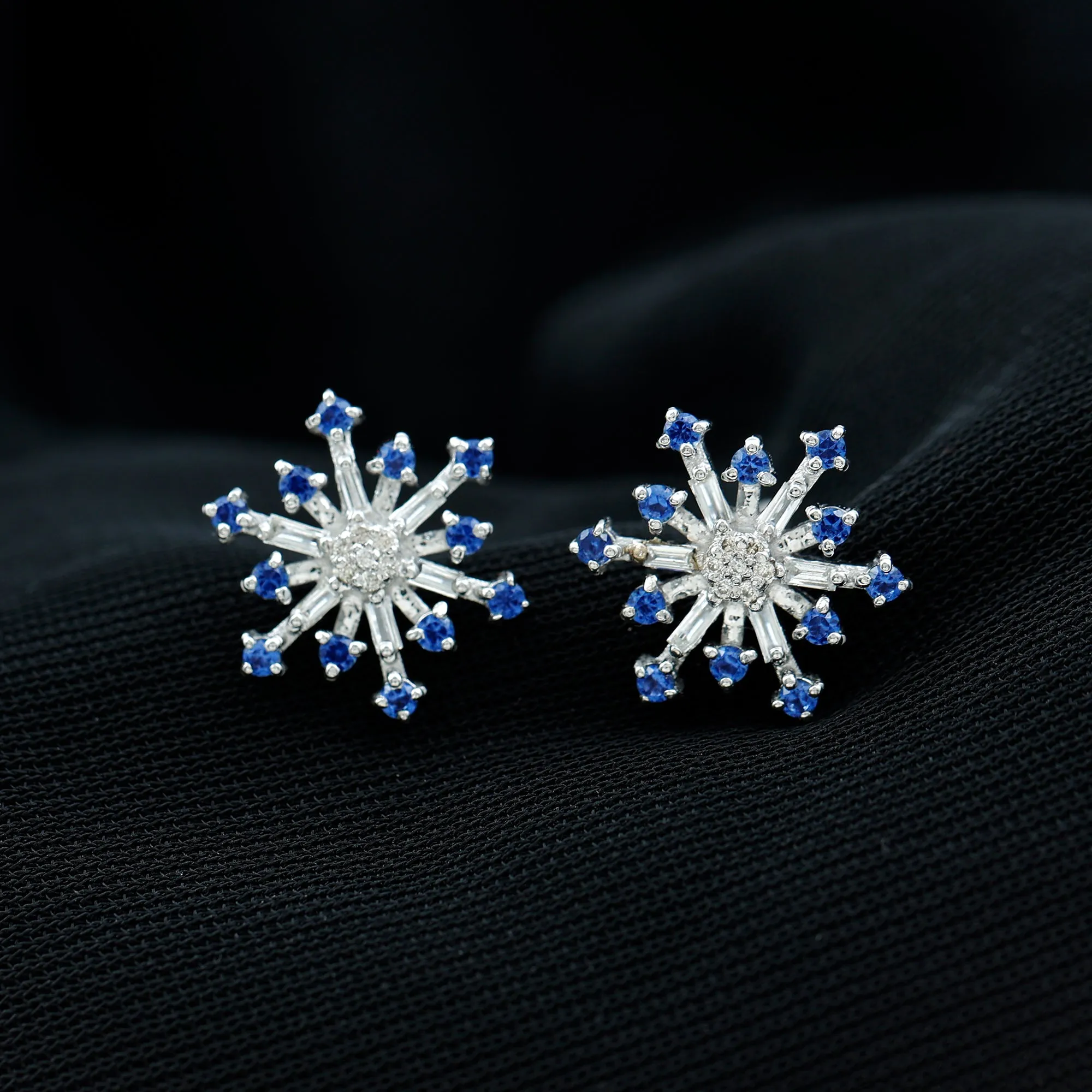 Lab Grown Blue Sapphire and Diamond Snowflake Stud Earrings