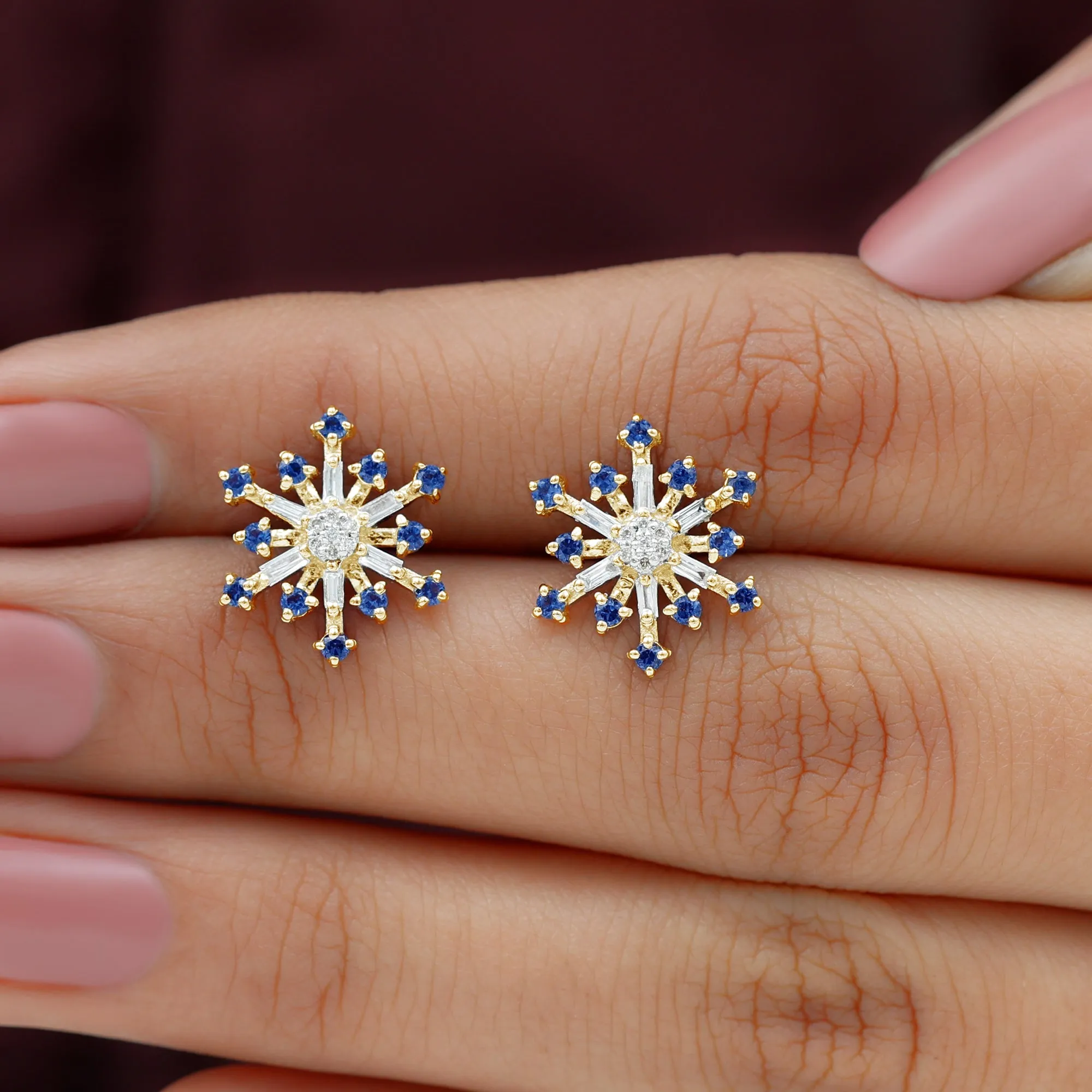 Lab Grown Blue Sapphire and Diamond Snowflake Stud Earrings