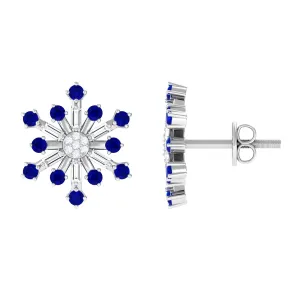 Lab Grown Blue Sapphire and Diamond Snowflake Stud Earrings