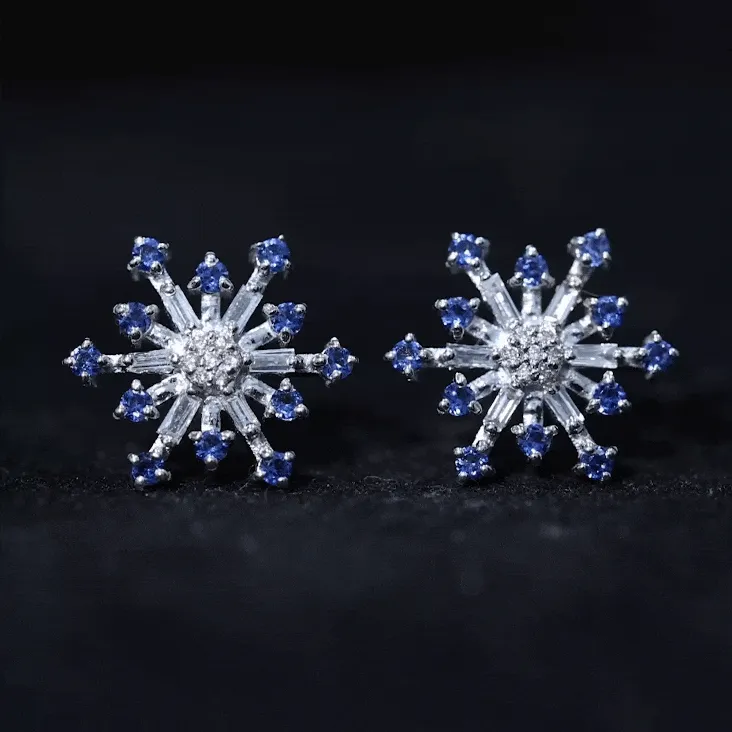 Lab Grown Blue Sapphire and Diamond Snowflake Stud Earrings
