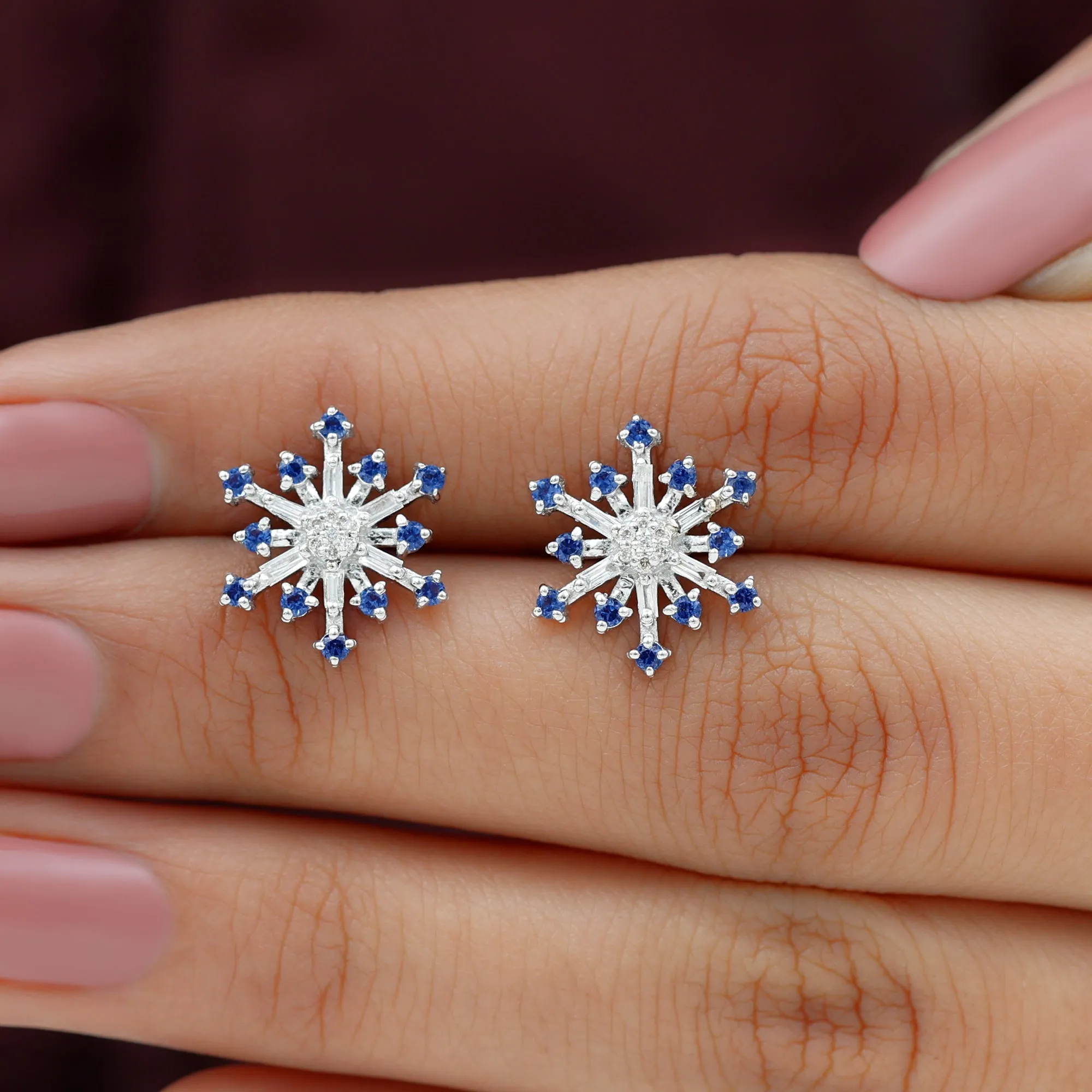 Lab Grown Blue Sapphire and Diamond Snowflake Stud Earrings