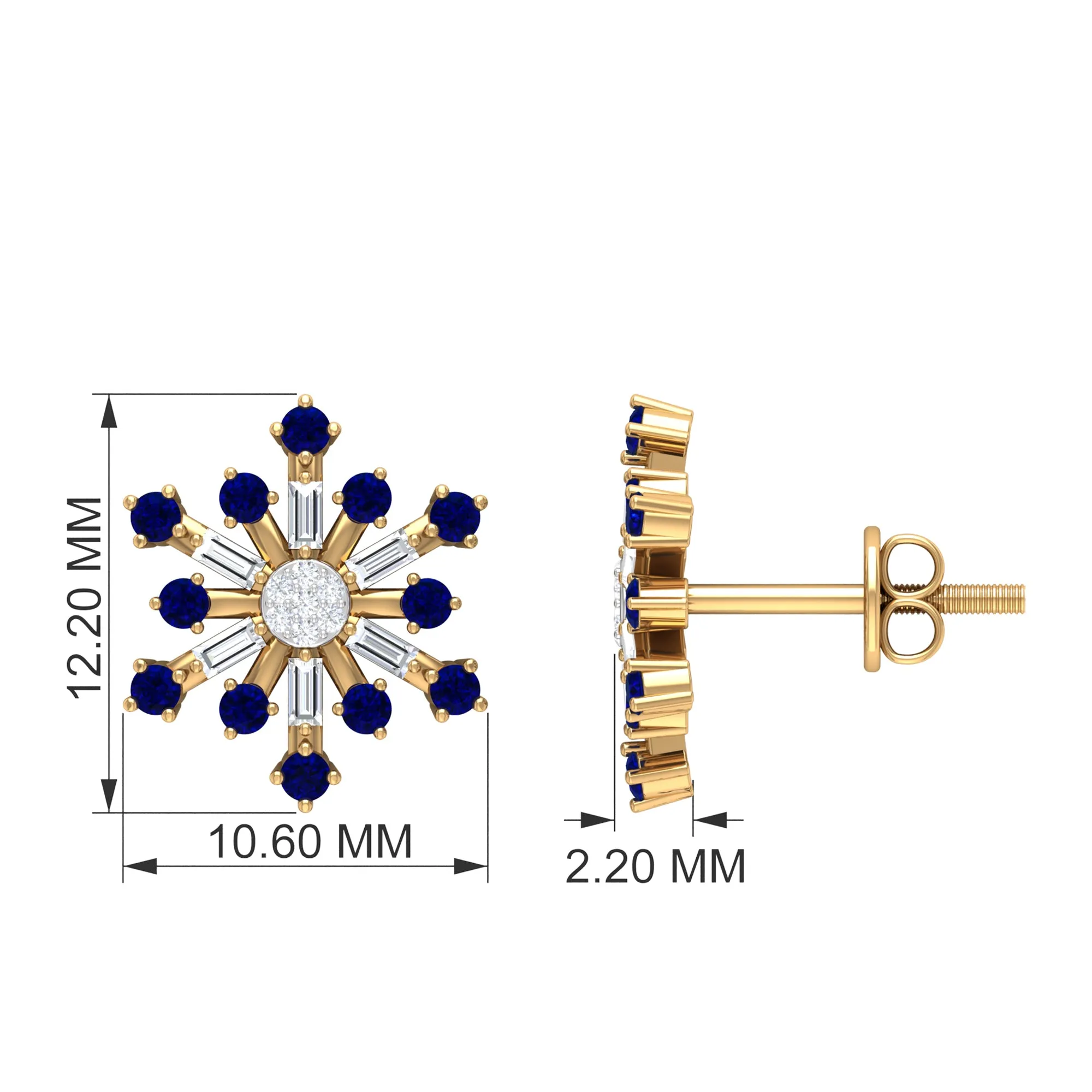 Lab Grown Blue Sapphire and Diamond Snowflake Stud Earrings