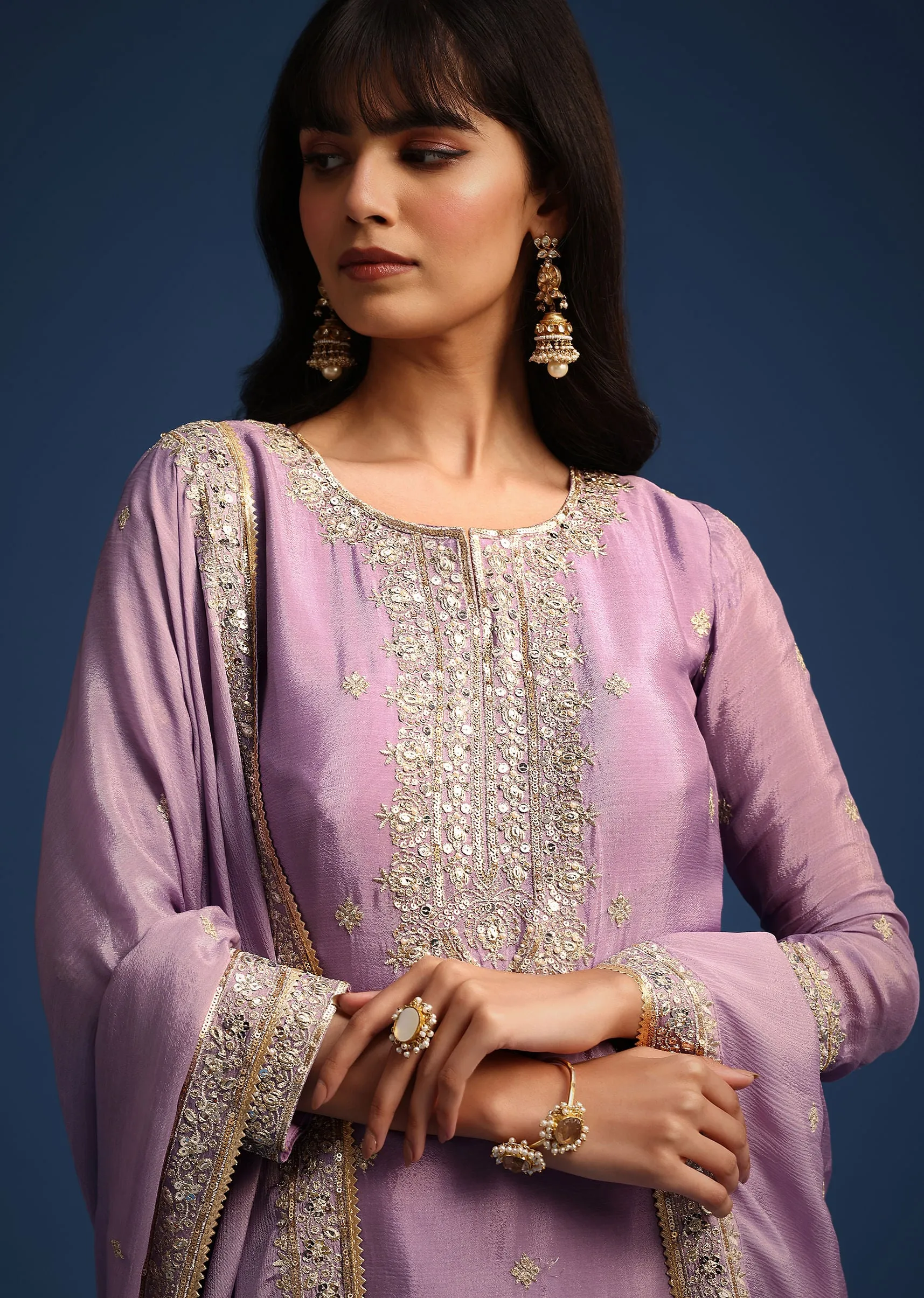 Lavender Kurta And Palazzo Set With Zari Work And Gota Lace