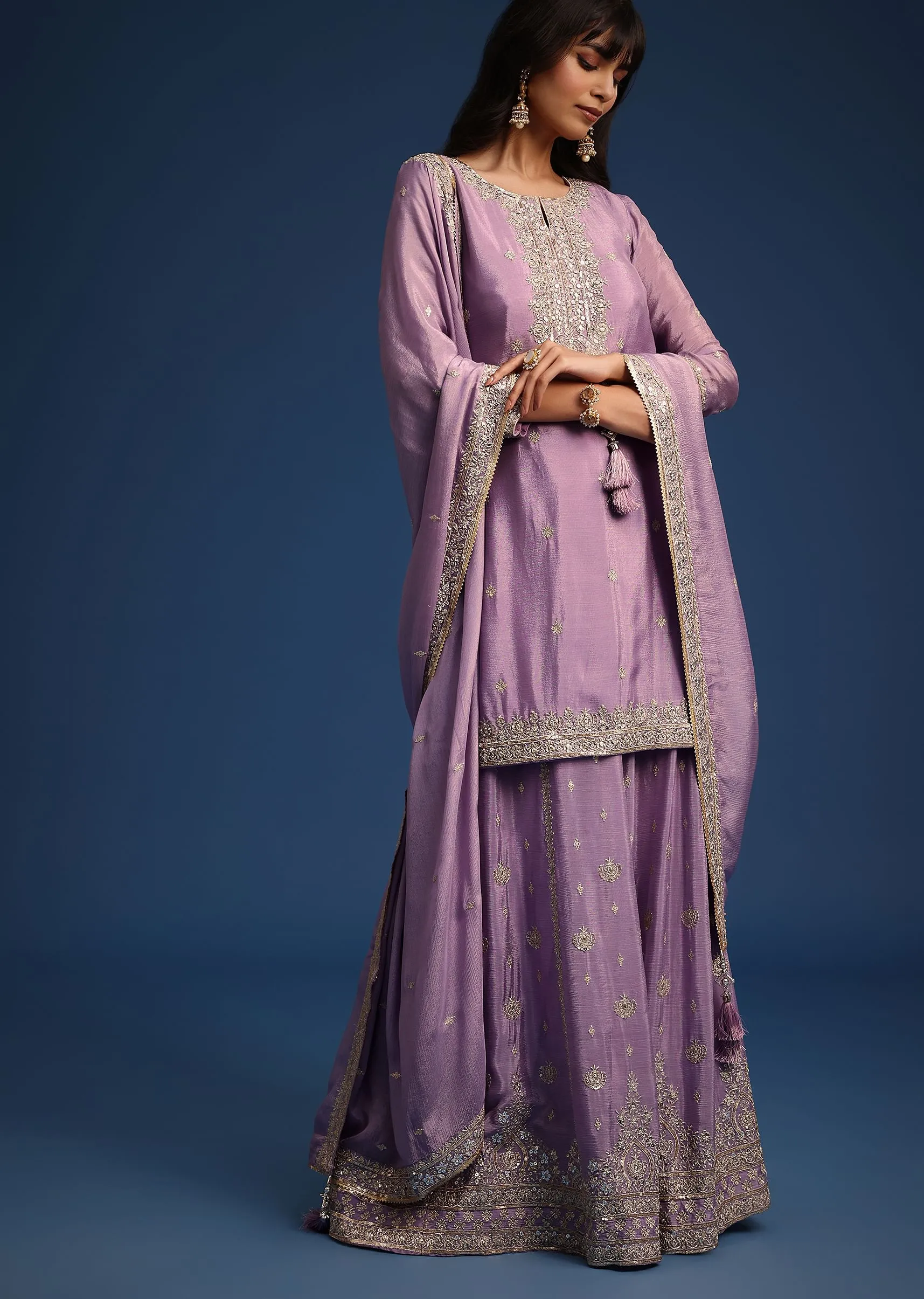 Lavender Kurta And Palazzo Set With Zari Work And Gota Lace
