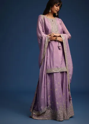 Lavender Kurta And Palazzo Set With Zari Work And Gota Lace