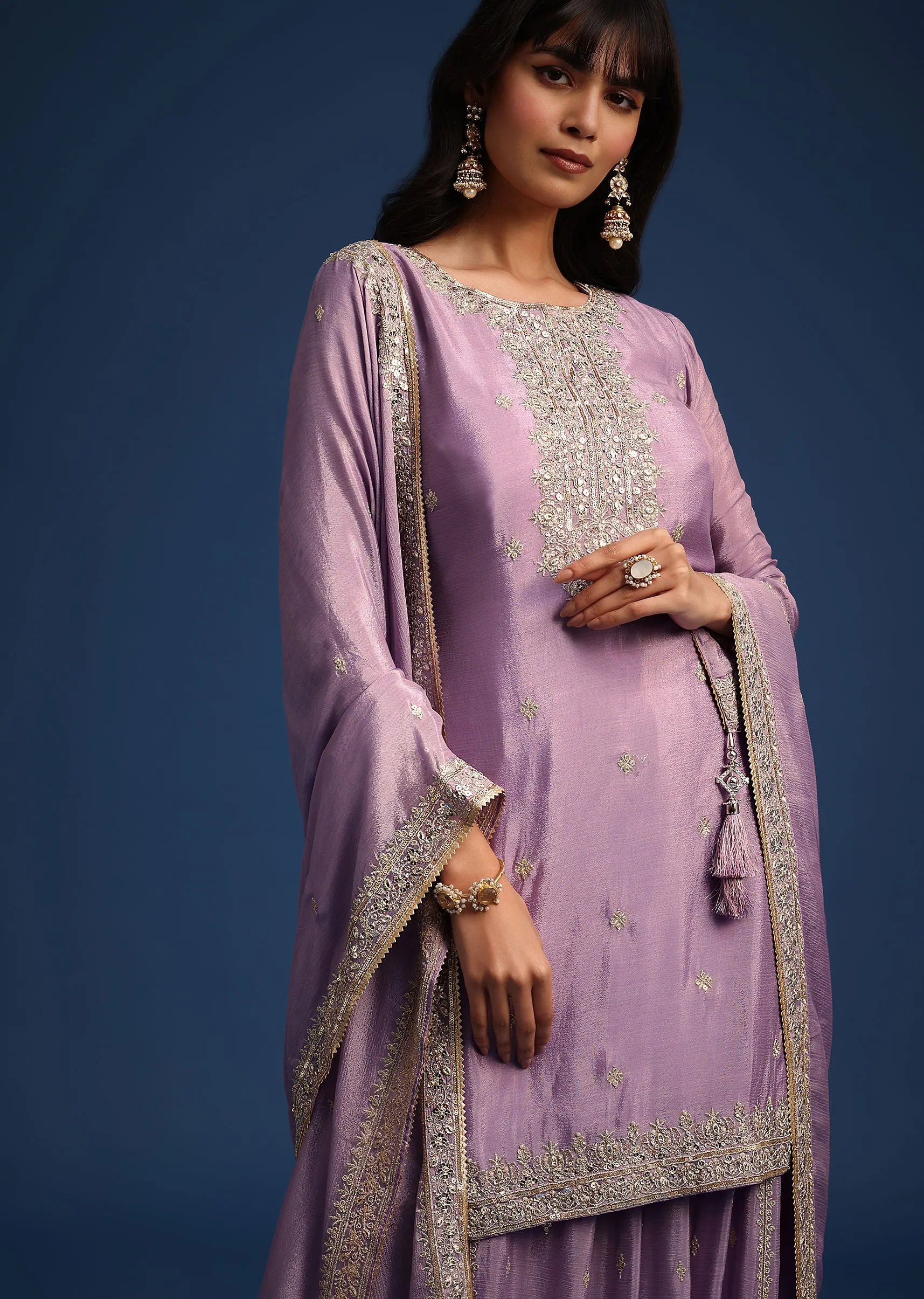 Lavender Kurta And Palazzo Set With Zari Work And Gota Lace