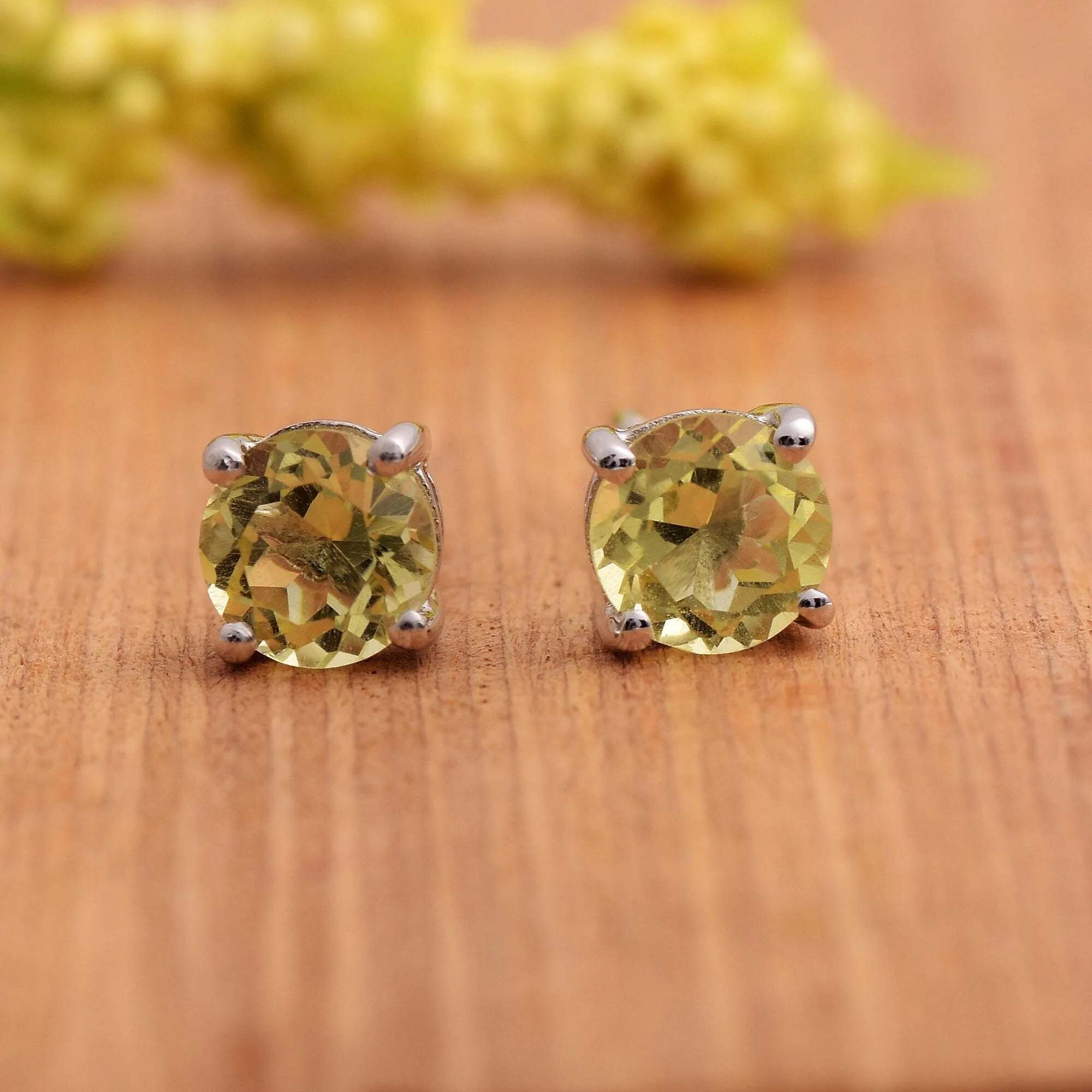 Lemon Quartz Round Stud Earrings