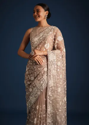 Light Brown Organza Resham Thread Embroidered Saree