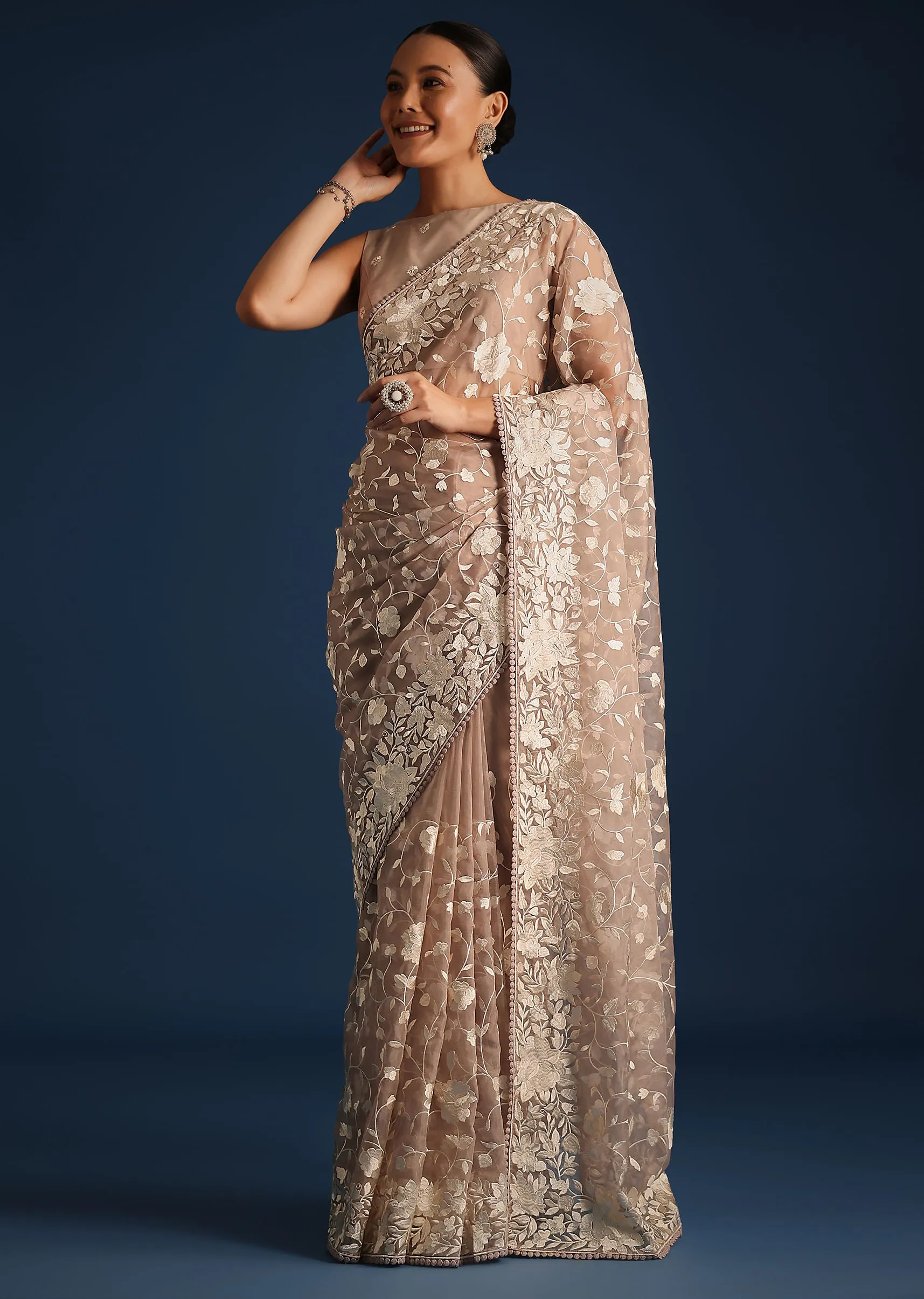 Light Brown Organza Resham Thread Embroidered Saree