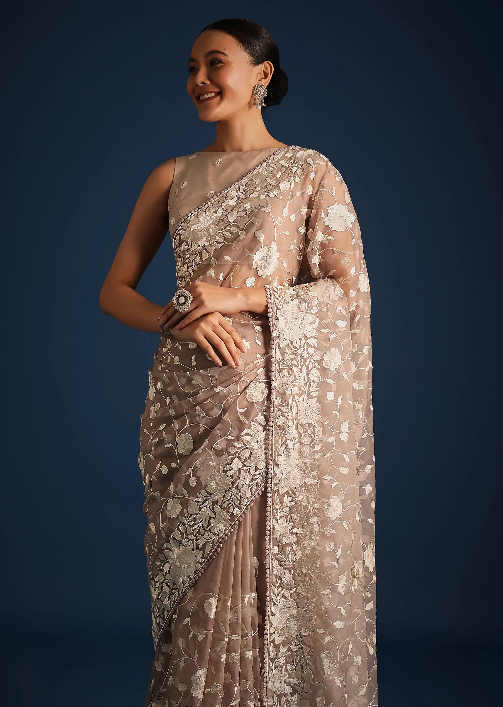 Light Brown Organza Resham Thread Embroidered Saree