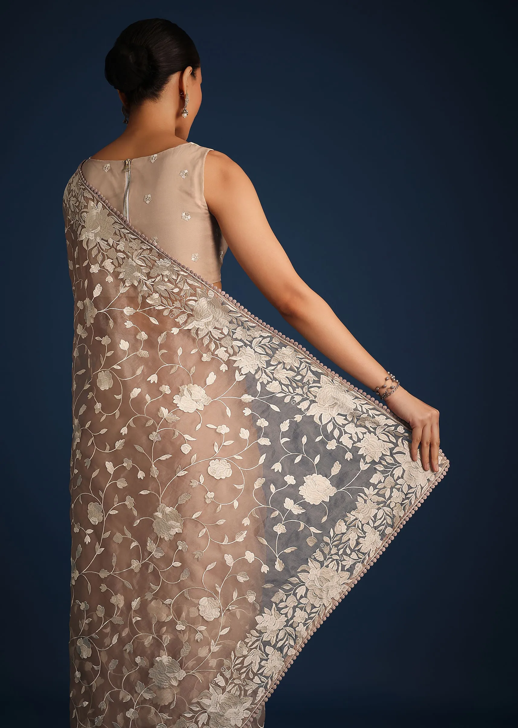 Light Brown Organza Resham Thread Embroidered Saree