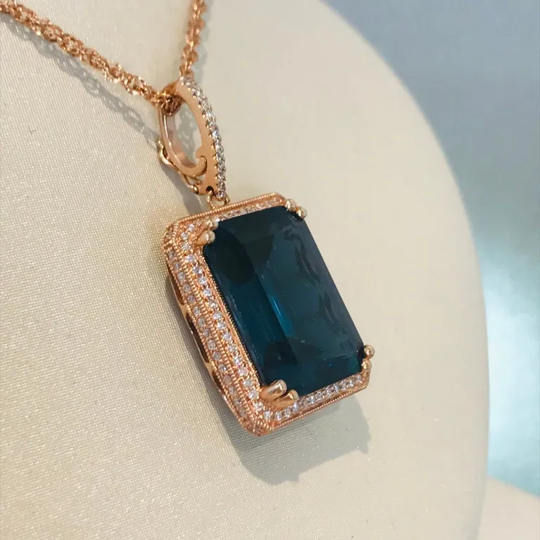 London Blue Topaz Emerald Diamond Halo Necklace