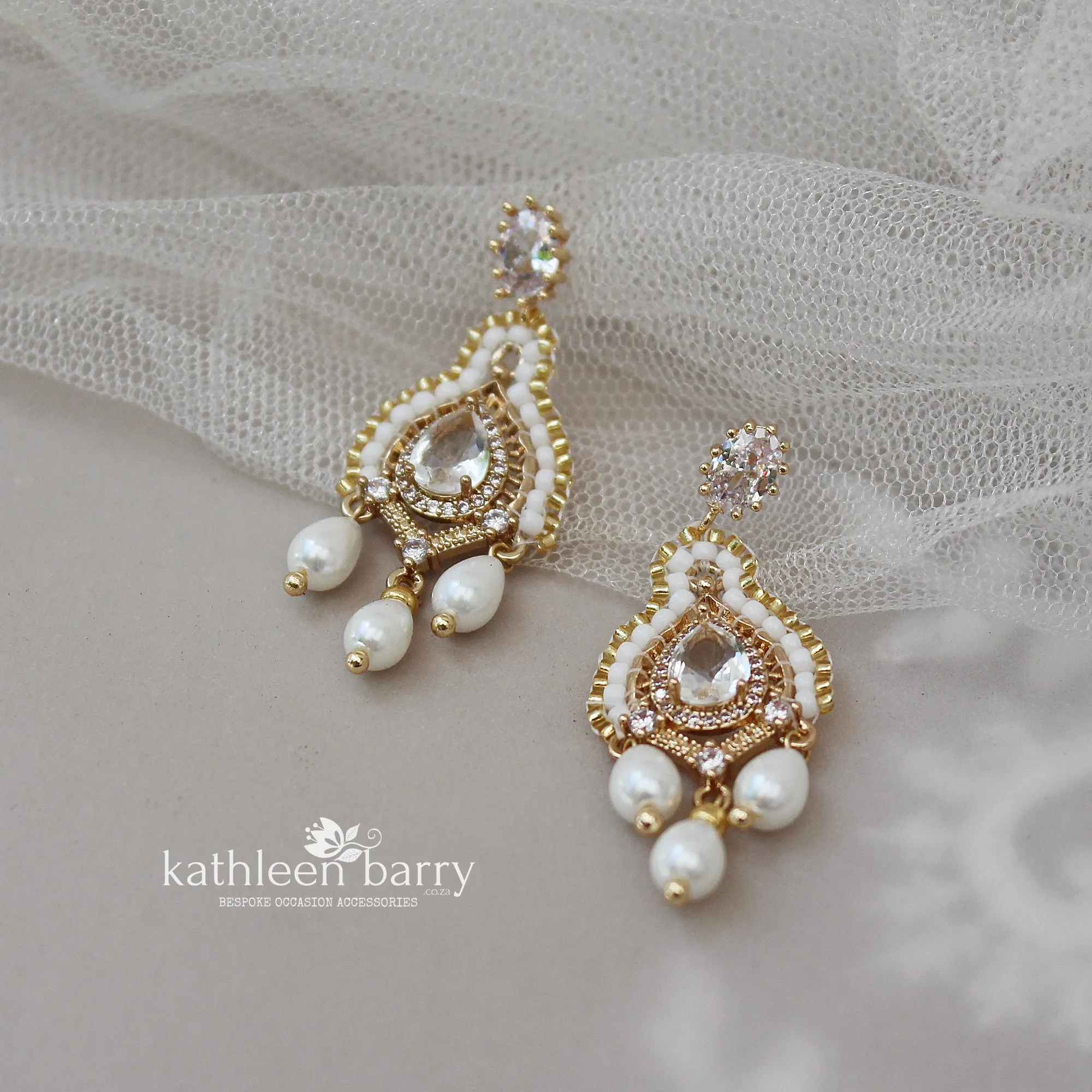 Michaela gold and white pearl drop chandelier earrings with cubic Zirconia - only available in gold finish