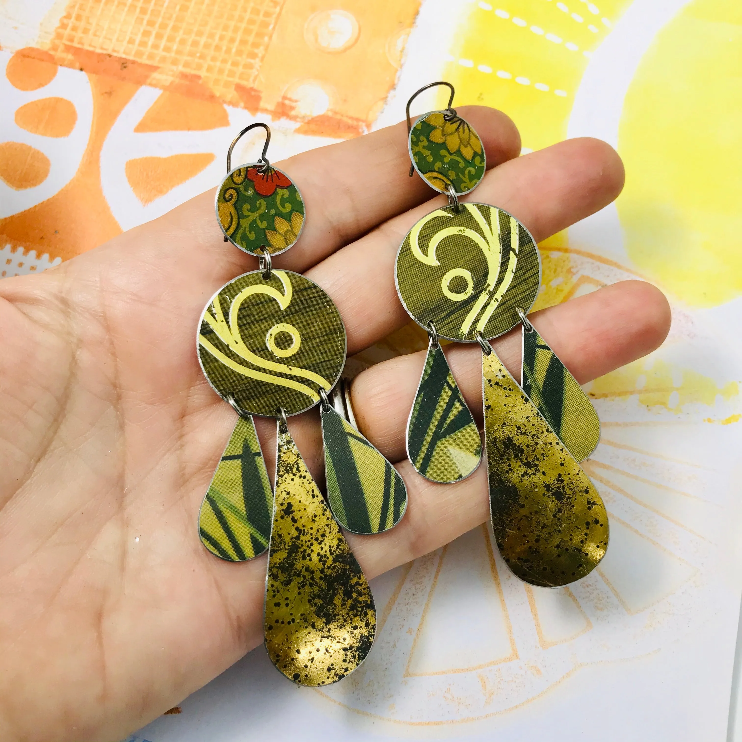 Mixed Antiqued Golds Tin Chandelier Earrings