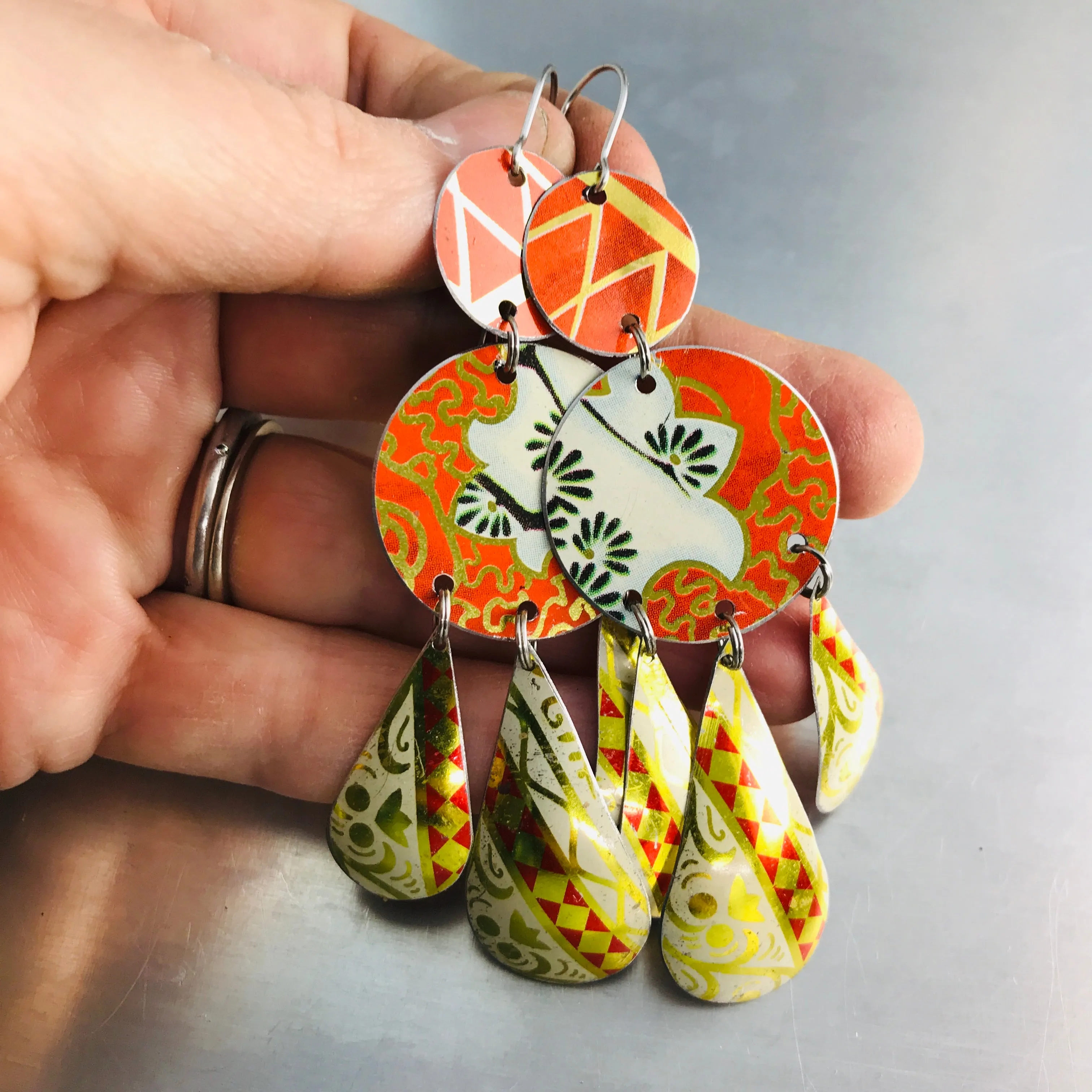 Mixed Vintage Oranges Zero Waste Tin Chandelier Earrings