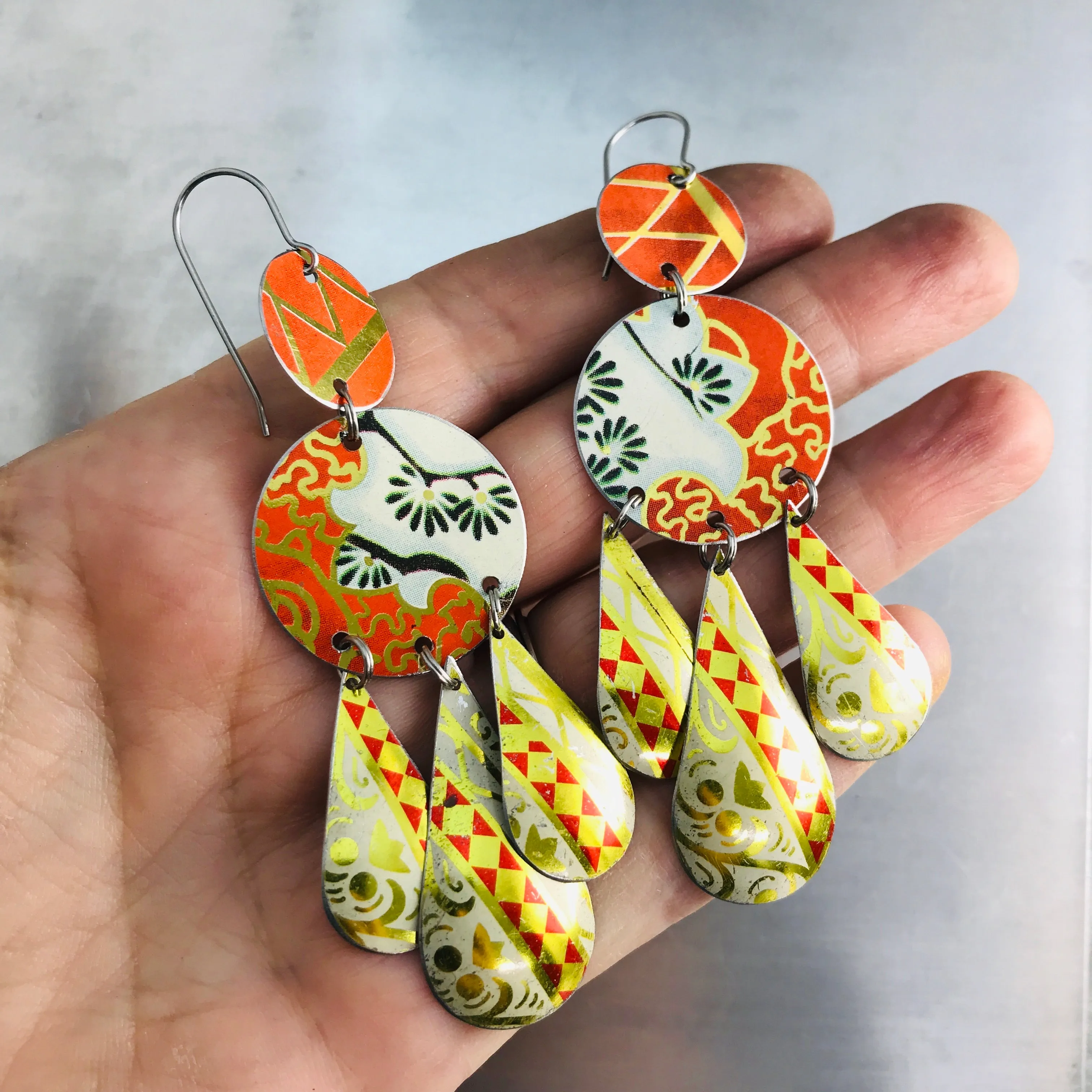 Mixed Vintage Oranges Zero Waste Tin Chandelier Earrings