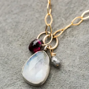 Moonstone Necklace with Red Garnet and Gray Diamond