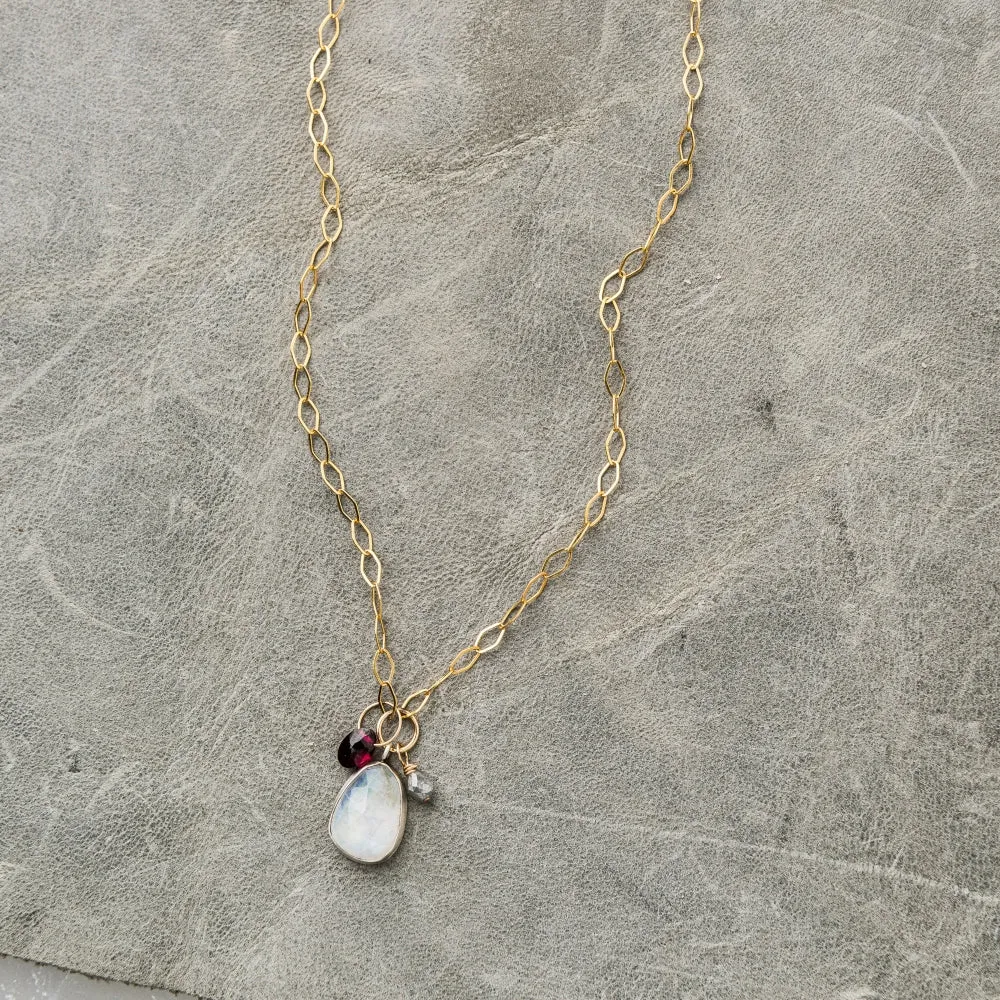 Moonstone Necklace with Red Garnet and Gray Diamond
