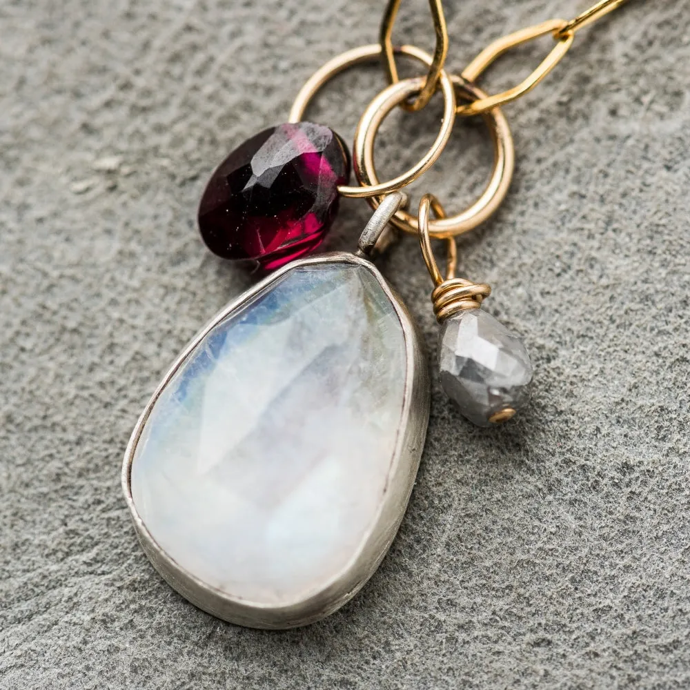Moonstone Necklace with Red Garnet and Gray Diamond