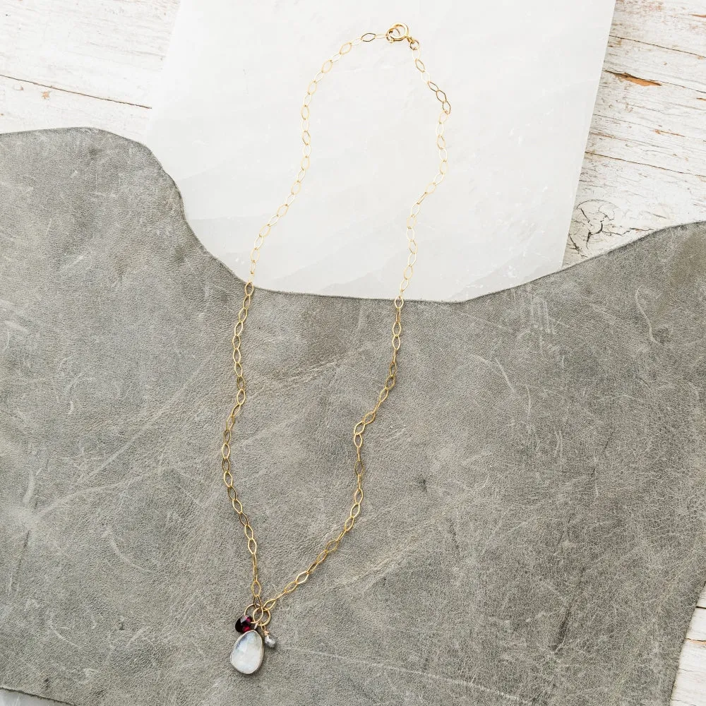 Moonstone Necklace with Red Garnet and Gray Diamond