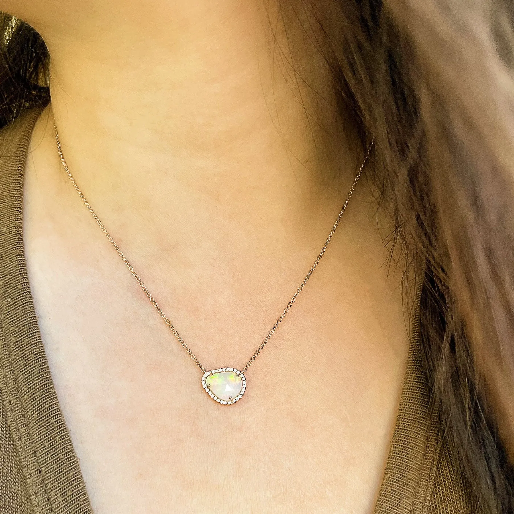 One of a Kind Petite Rose Cut Opal Necklace in Rose Gold