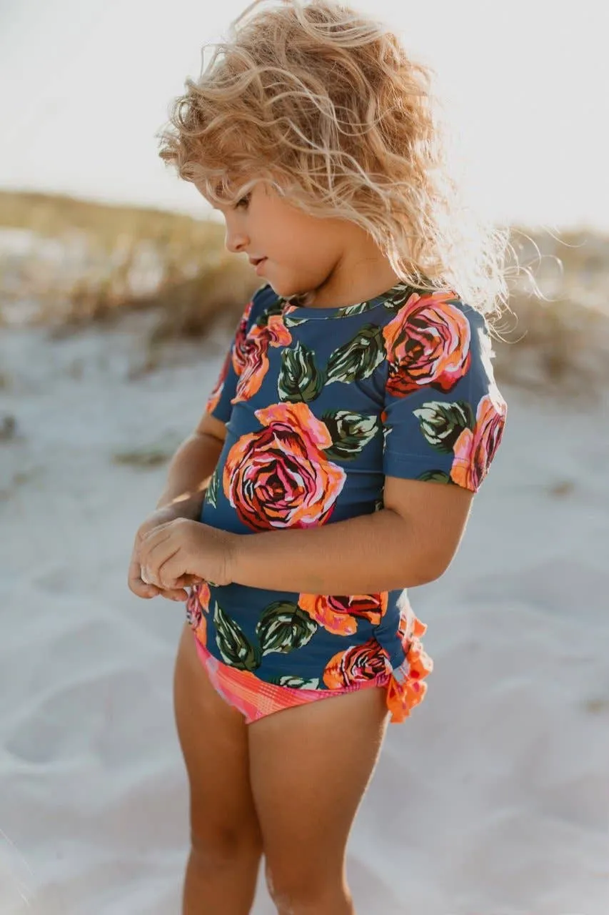 Oopsie Daisy - Kids Dark Teal Coral Rose Rash Guard Ruffle Swimsuit