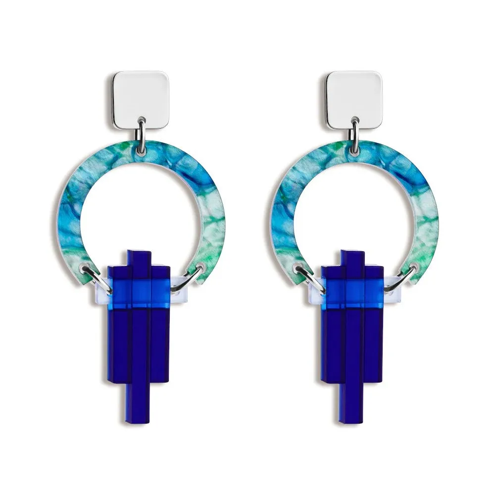Petite Art Deco Chandelier Earrings - Silver/Blue/Green Lava - SP-757