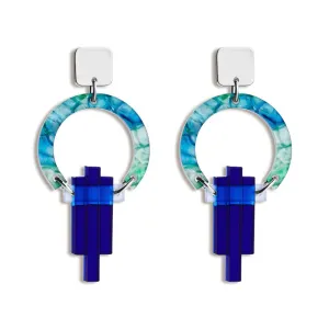 Petite Art Deco Chandelier Earrings - Silver/Blue/Green Lava - SP-757
