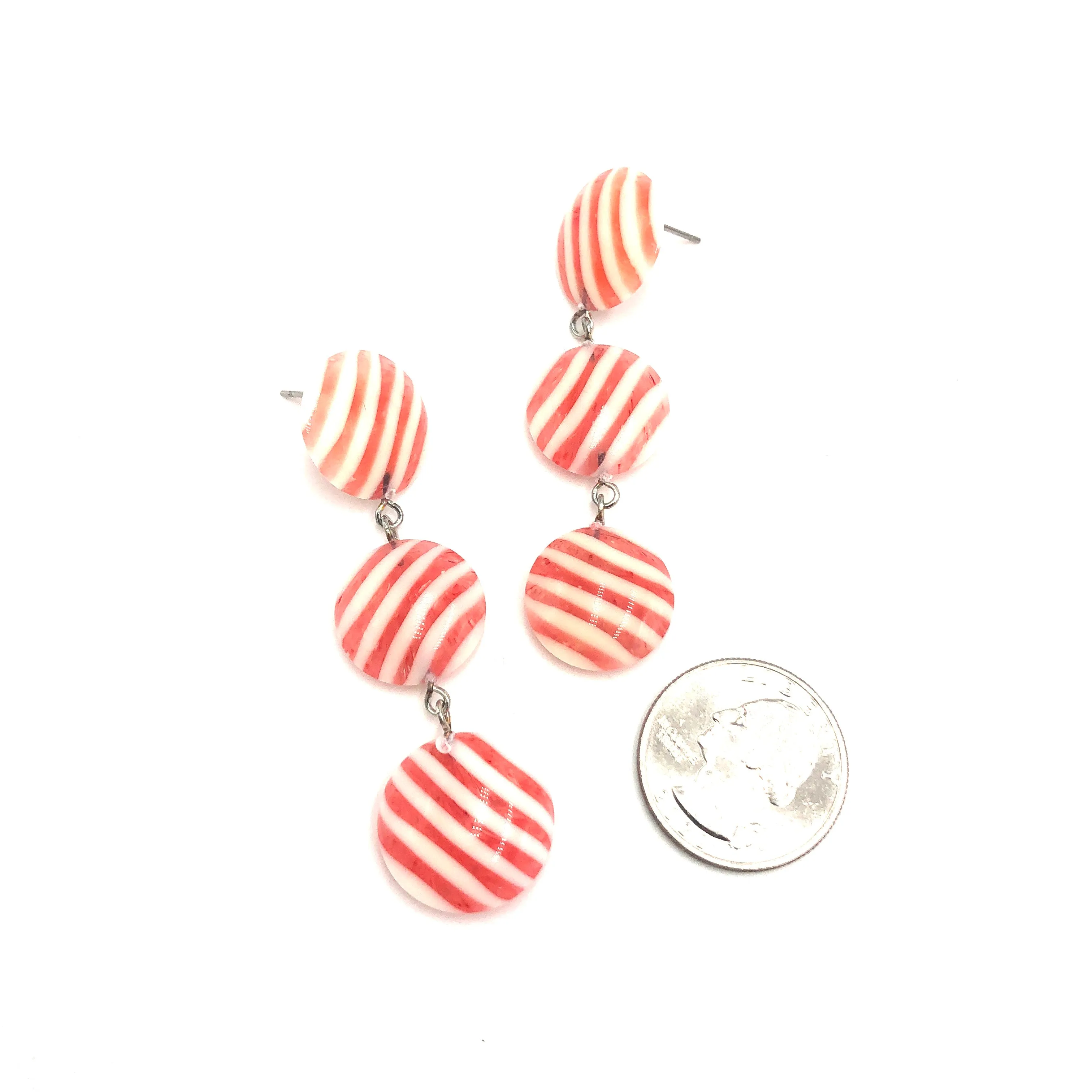 Pink & Cream Stripe Tri Dot Earrings