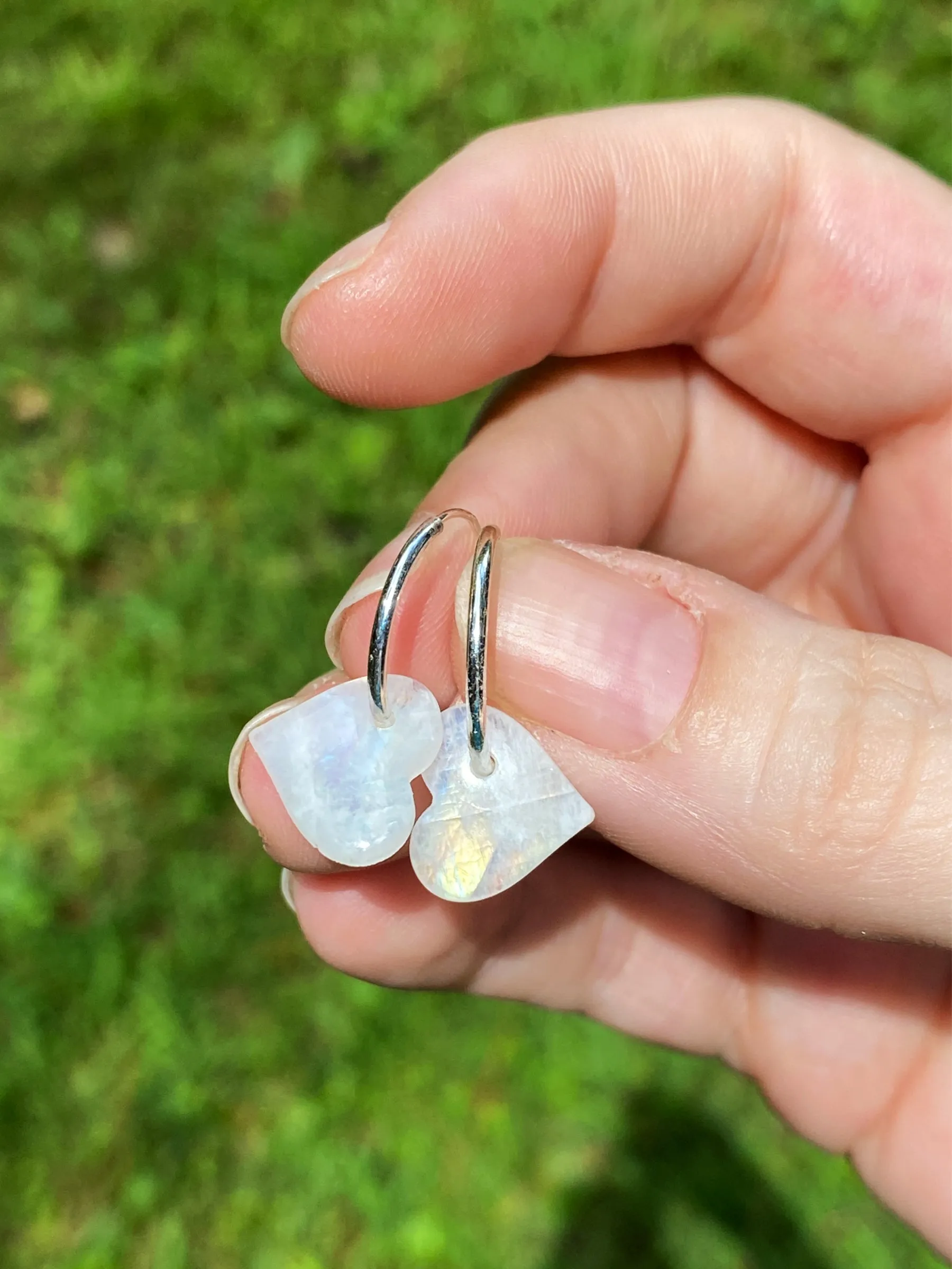 Rainbow Moonstone Heart Hoops